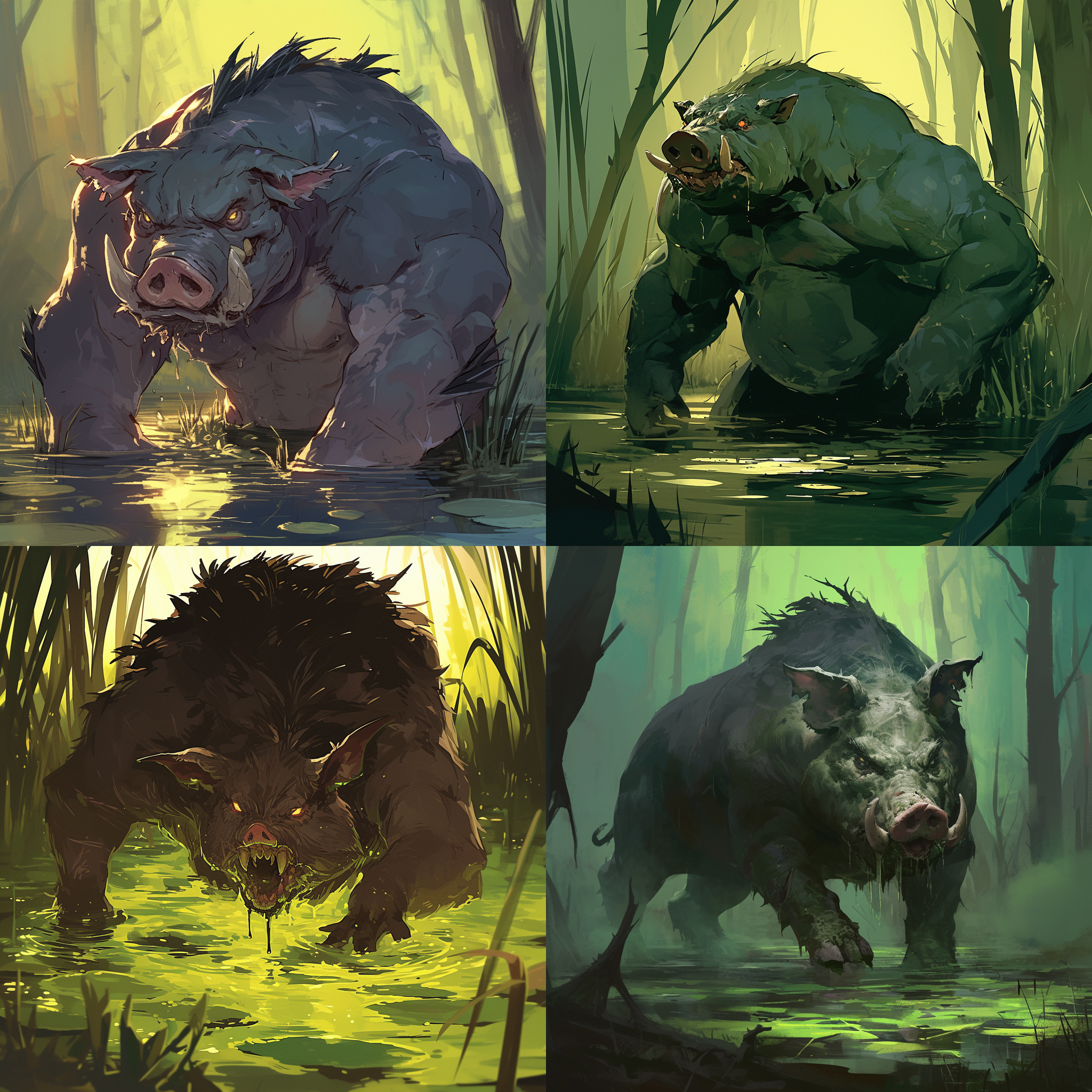 prompt. 恐颌猪在沼泽地，巨大身躯，浓密毛发，强壮肌肉，凶猛眼神，污泥覆盖，暗绿色调，长焦镜头，逆光，咆哮，野性。