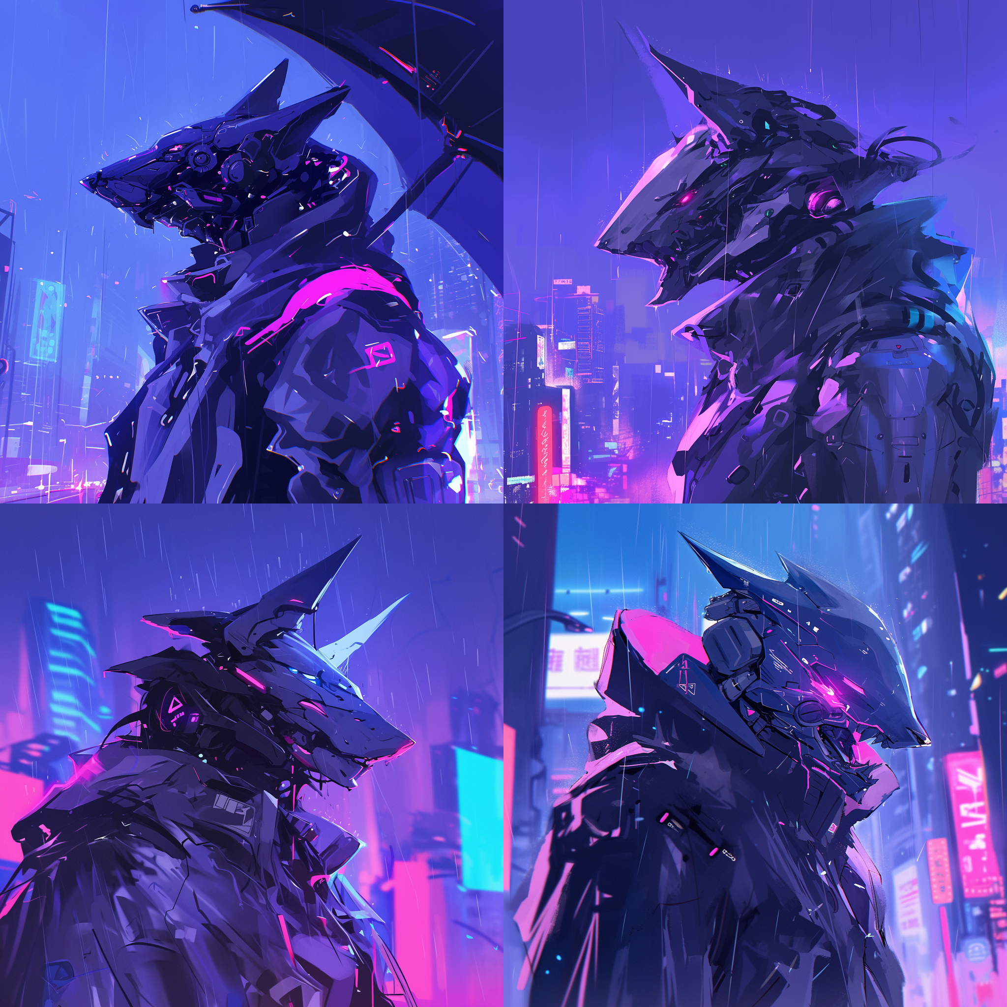 prompt. 狼人机甲，霓虹头盔，赛博朋克城市，银白色飞船，夜晚下雨，高科技风格，蓝紫色调，超广角镜头，侧光，未来感，神秘氛围。