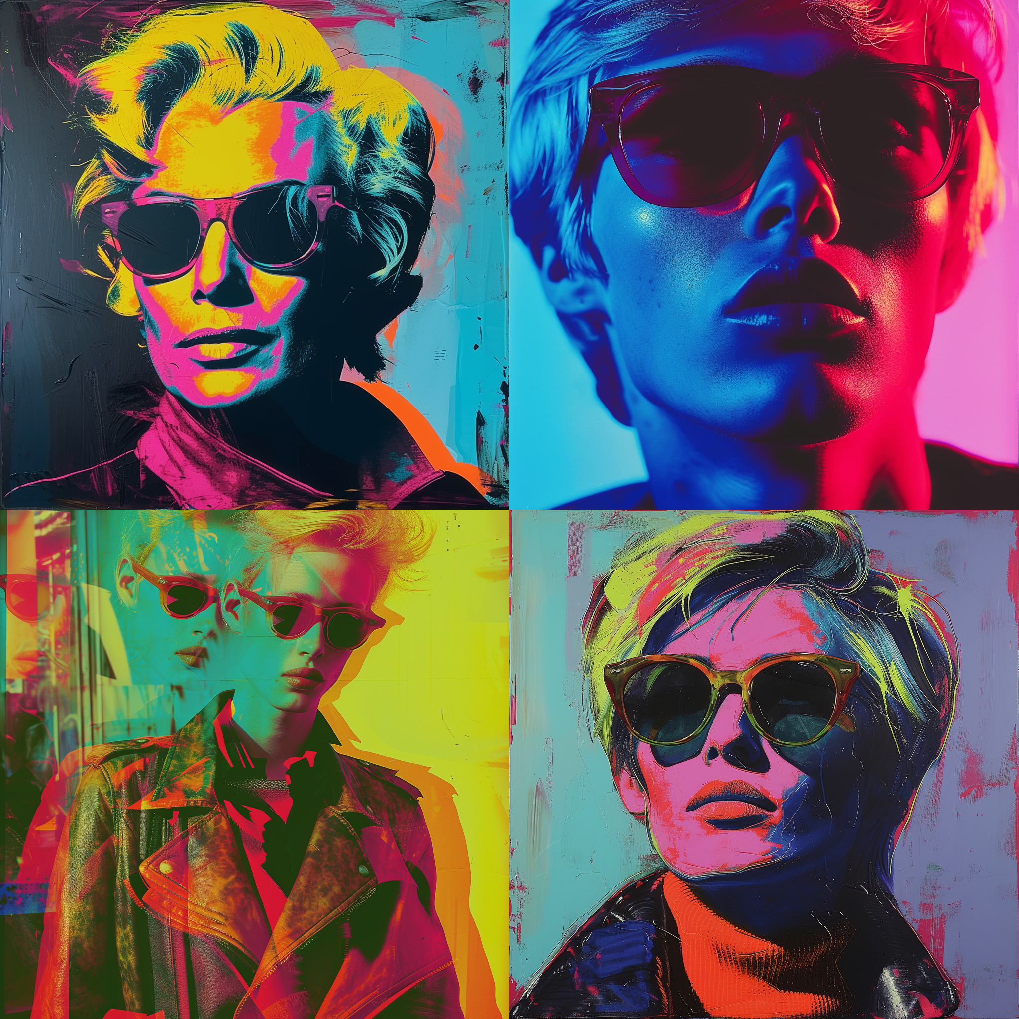 prompt. 安迪 . 沃霍尔，时尚装扮，工厂环境，复制主题，明亮色彩，抽象风格，闪光灯，冷色调，表情丰富，镜头变焦，创意构图，艺术氛围。