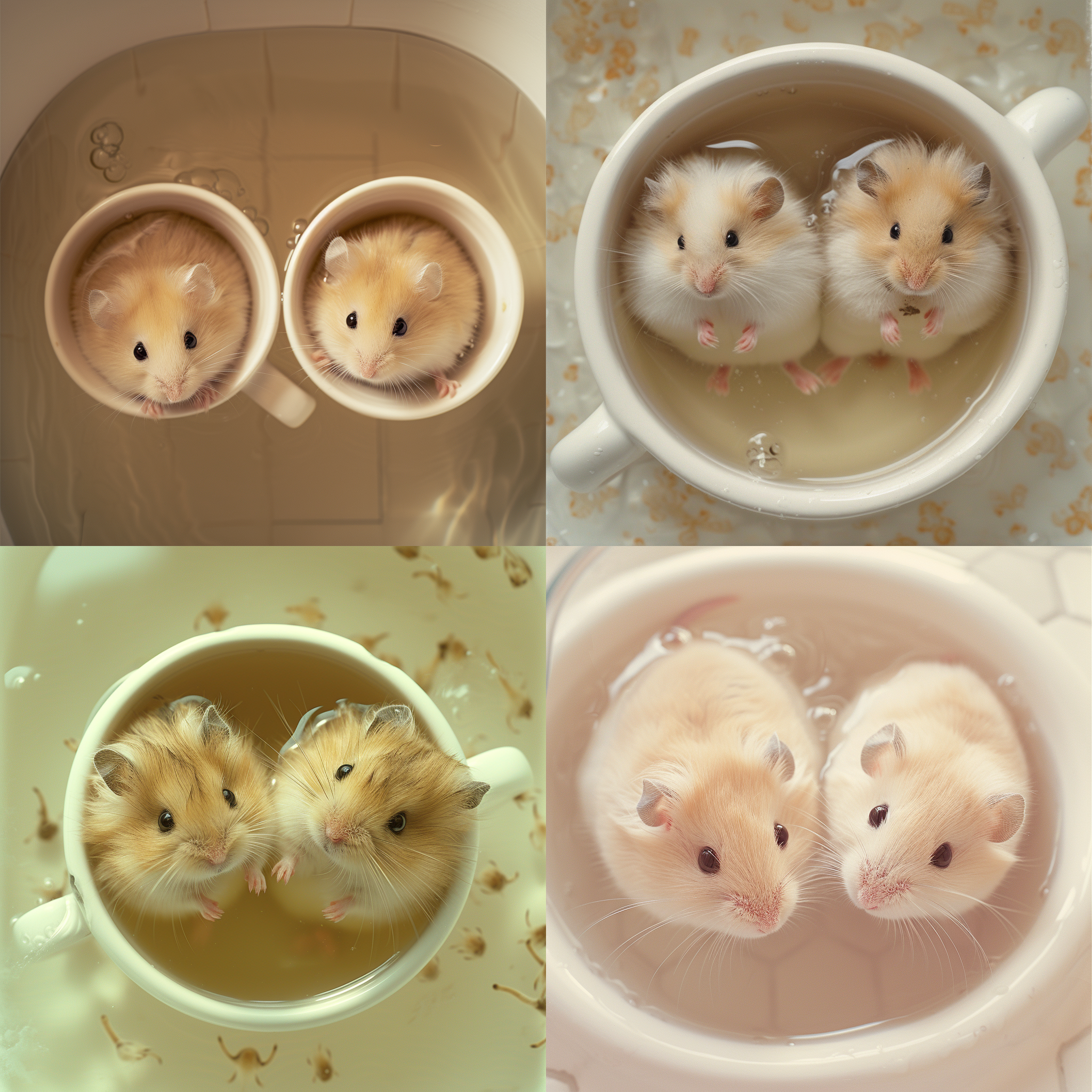 prompt. 两只奶茶色仓鼠，明亮卫生间，俯视角度，柔和光线，细节丰富，温馨色调，微距镜头，爬行动作，可爱，温馨。