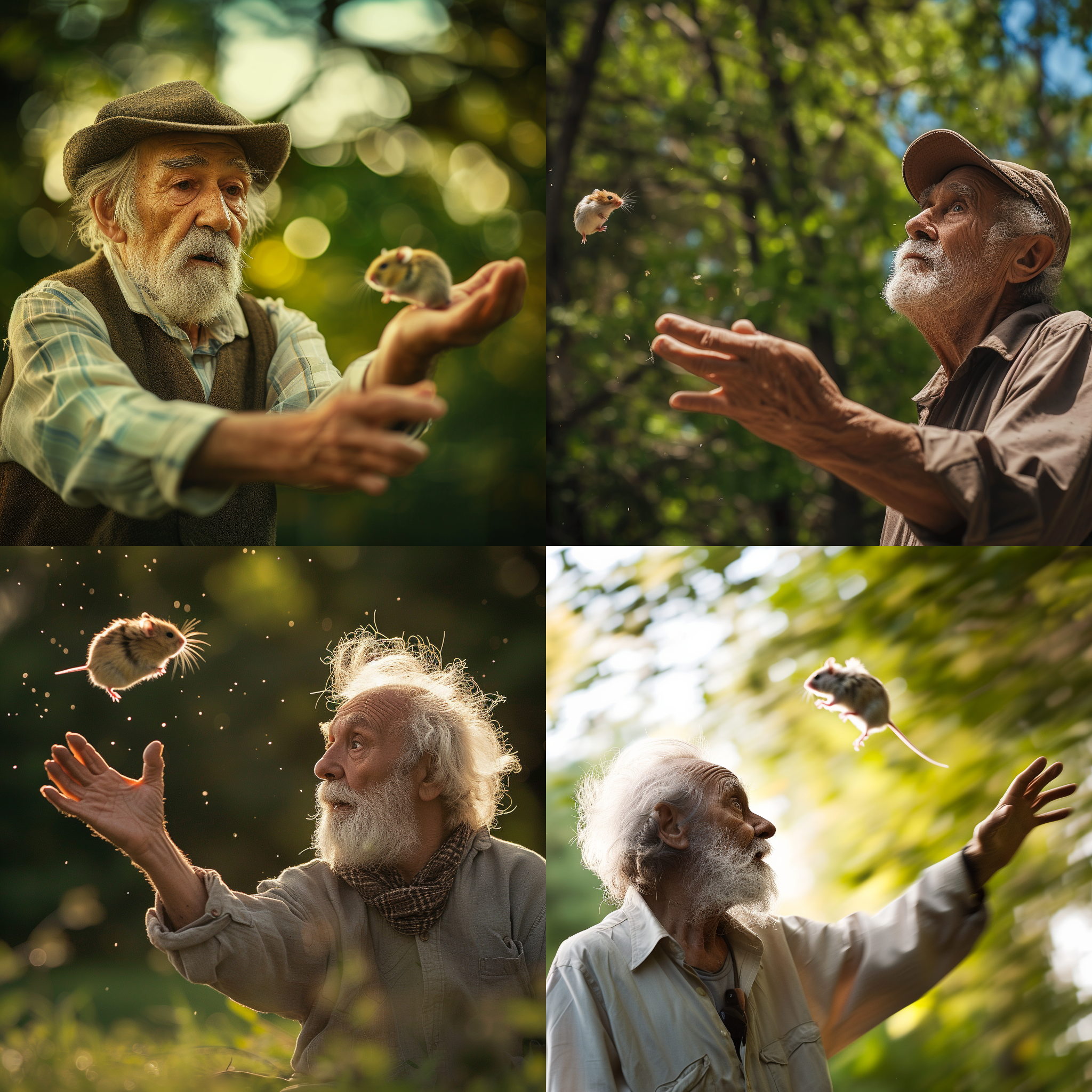 prompt. 老人扔仓鼠，正中构图，明亮户外，中焦镜头，自然光，缓慢快门，表情严肃，绿色环境，动作流畅，喜悦。