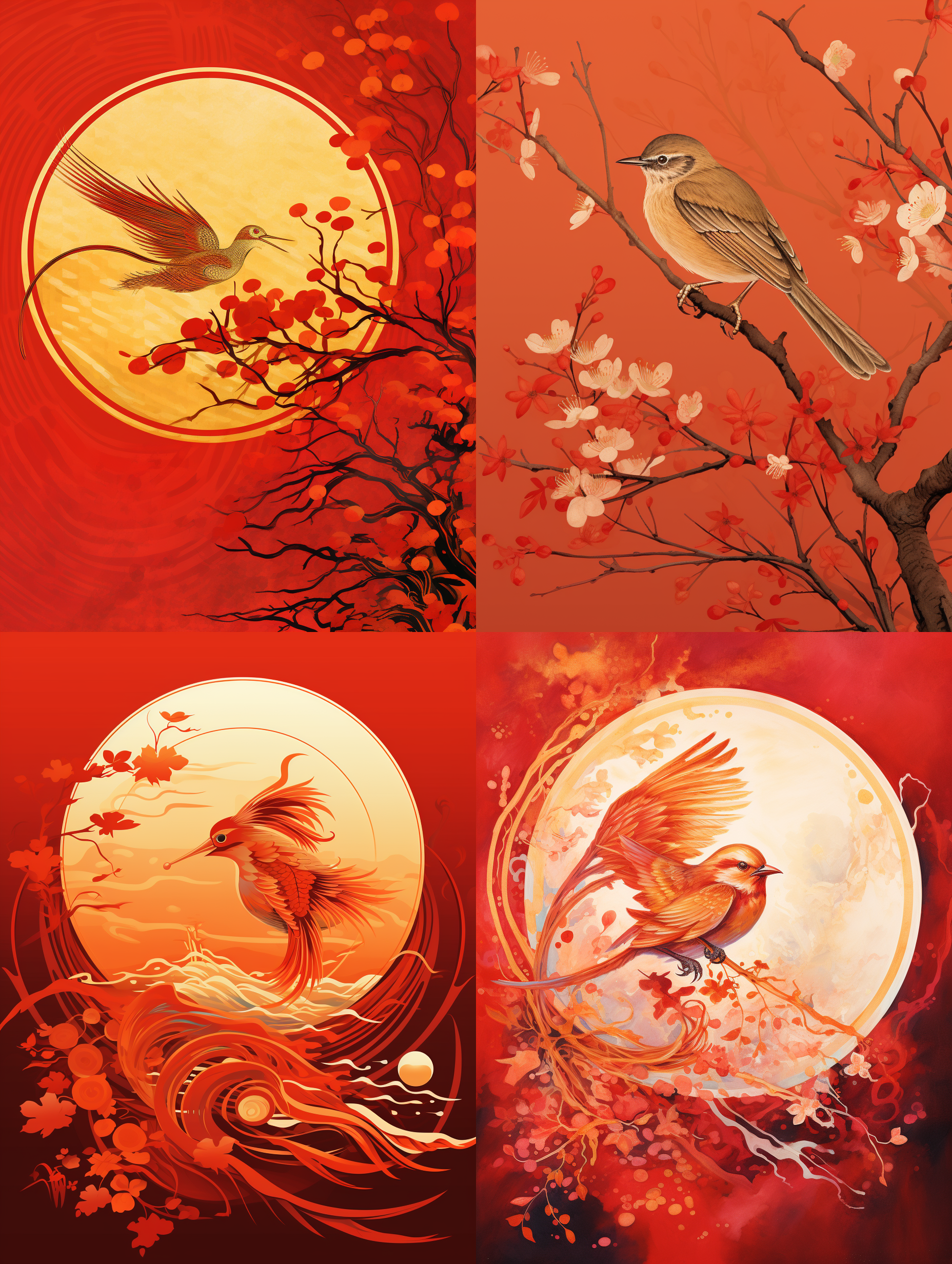 prompt.中国红底色，印章上有“李”字，对角线布局，高饱和度，插画风格，金黄色调，细节丰富，渐变效果，幸福，繁荣，喜庆，吉祥。 水墨 朱雀 中国水墨