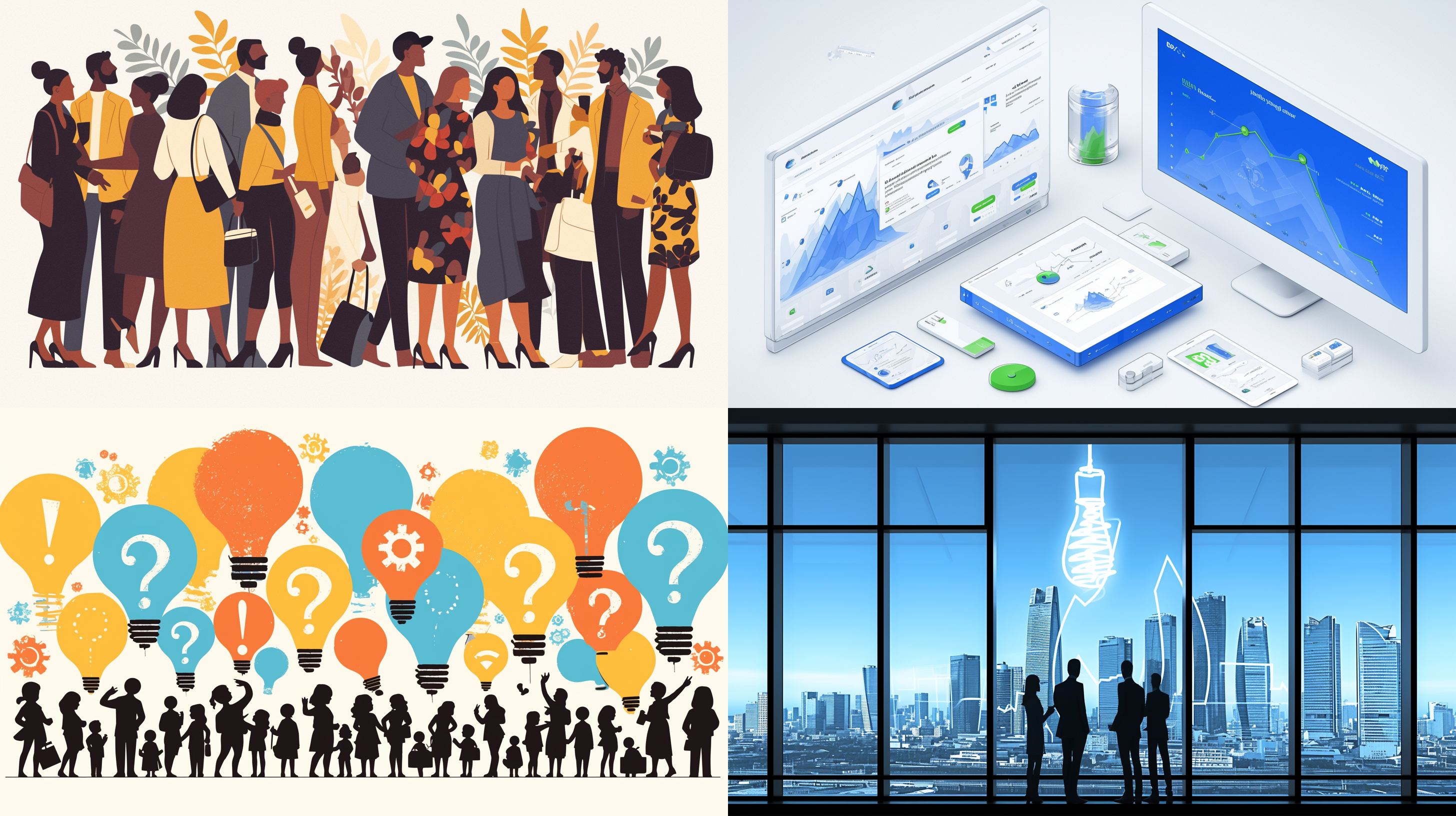 a group of people are having a meeting in a office, white background, business style illustration, inspirational, orage and green, gradient, happy