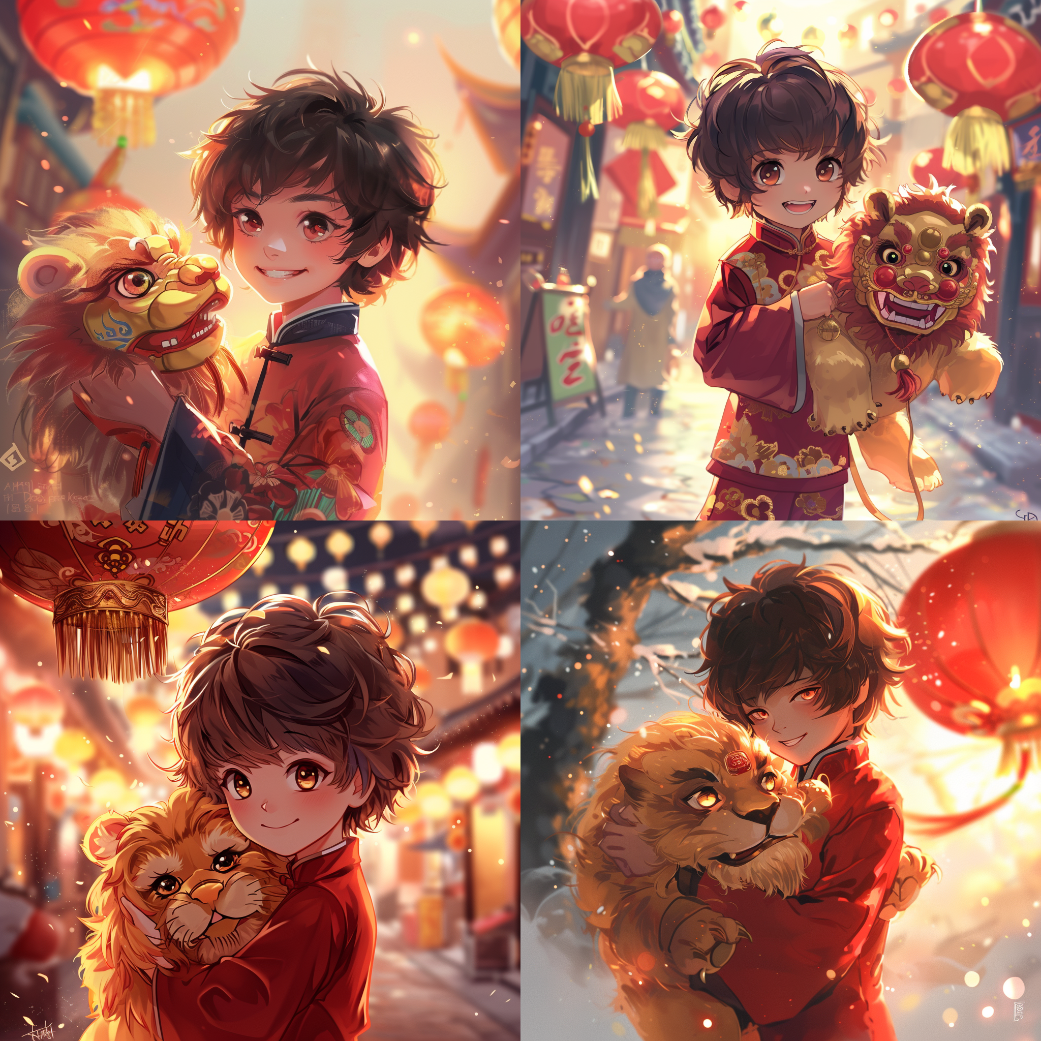 prompt. 二次元卡通男孩，手举醒狮，中国新年风格，明亮色彩，动作生动，抓拍，正面光，细节丰富，喜庆氛围，表情夸张。