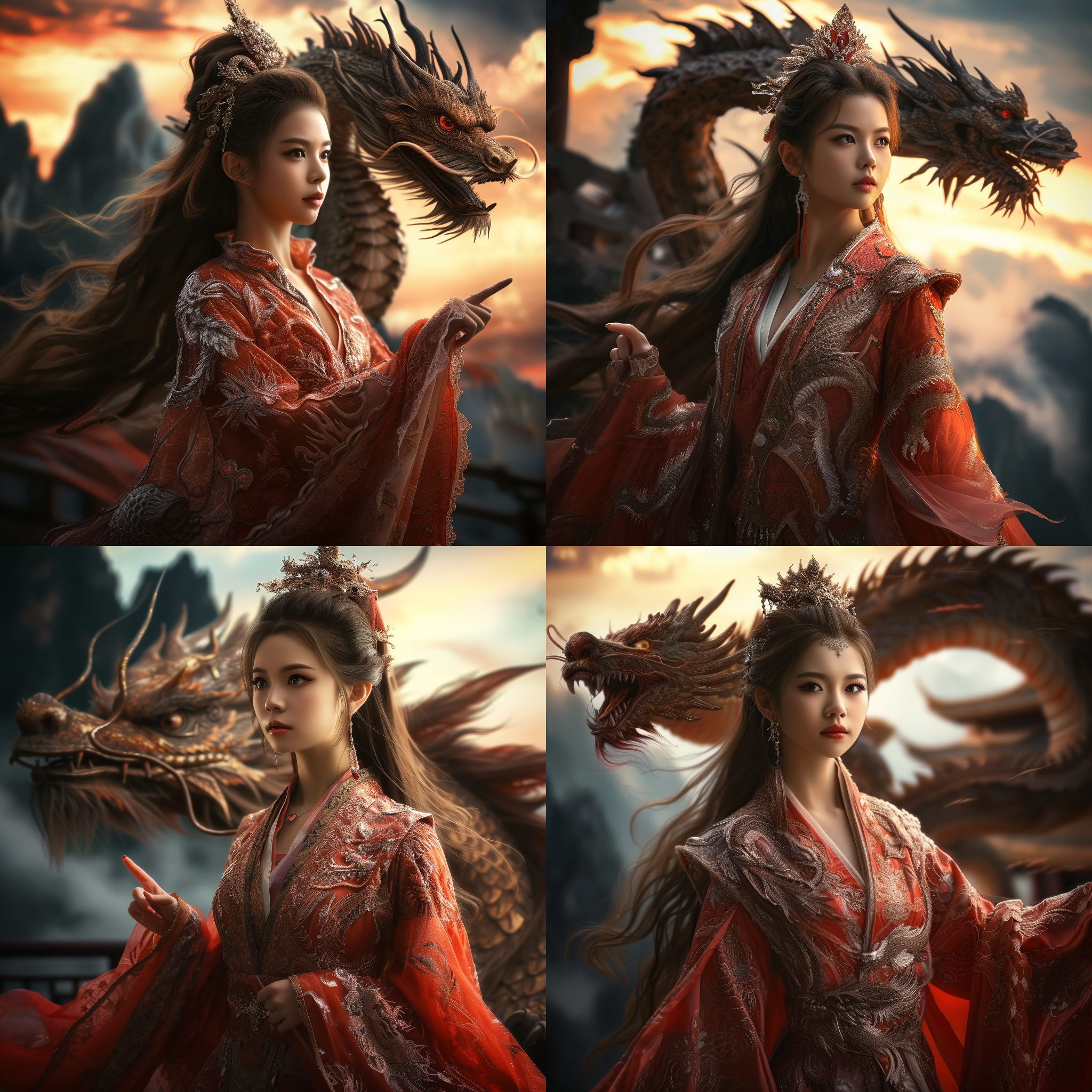 大女主身穿华丽的龙纹长袍，面容坚毅而冷峻，站在高山之巅，背后是瑰丽的龙形云雾。她伸手指向远方，表情坚定而威严，仿佛在发出命令。整个场景充满着神秘与力量，光线柔和而神圣，色调以深红和金色为主。女主的目光中透露着决心和自信，与龙形成了完美的对比。龙腾飞在天空中，展现出无尽的力量和威严。女主与龙的联合展示了她的统治地位和战斗精神。 prompt: 女主与龙，高山，云雾，华丽长袍，冷峻面容，神秘力量，柔和光线，色调深红金色，决心自信，飞龙，统治地位，战斗精神。
