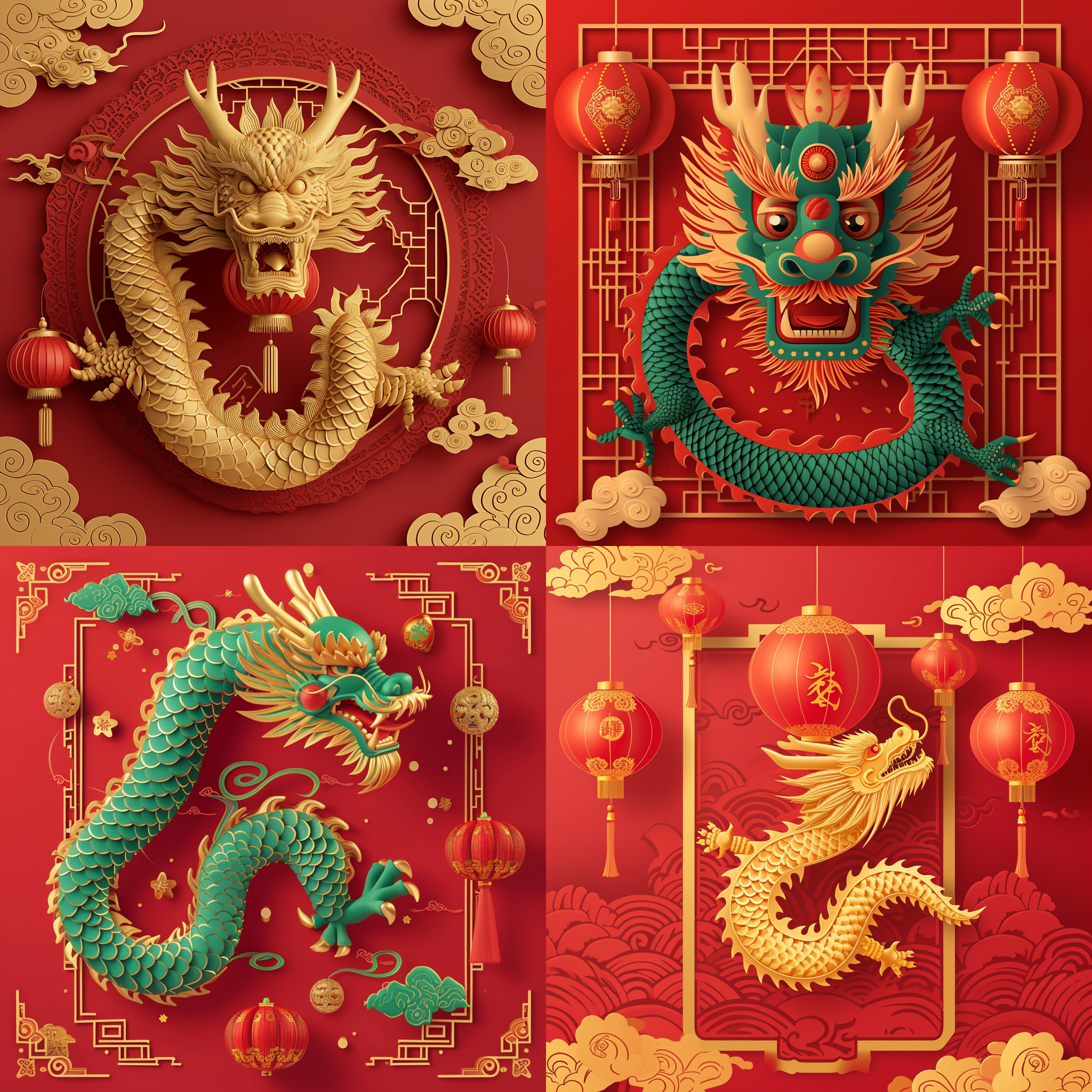 prompt. 金色描边中国龙，平面矢量，平面插图，灯笼，红色背景，折叠贺卡封面尺寸，3d模型，新年主题，喜庆氛围，传统文化，祝福。