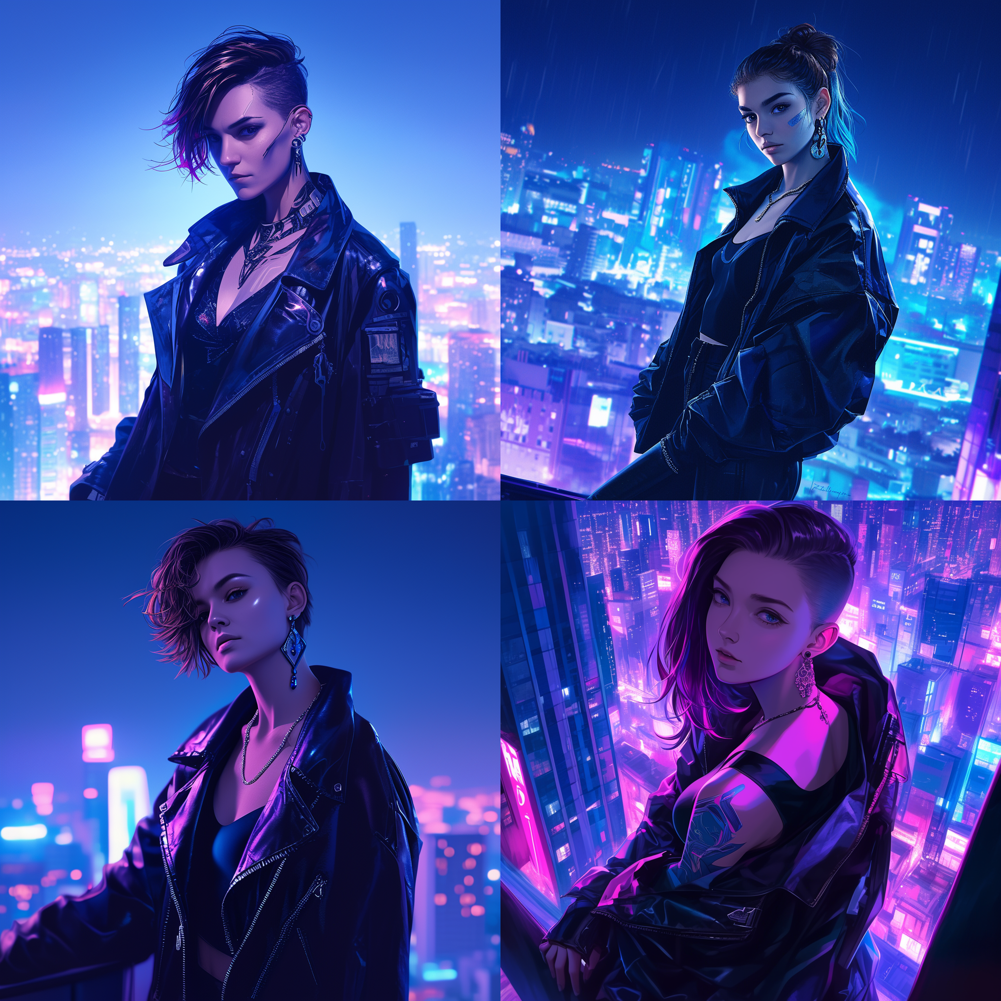 可爱女人，赛博朋克风格，炫酷发型，戴着耳环和项链，黑色皮衣搭配金属装饰，面部表情自信。背景为城市夜景，灯光昏暗但充满未来感。广角镜头捕捉到她站在高楼边缘的姿势，增加紧张感。蓝色和紫色的冷色调突出了科技感。时尚，自由，神秘，勇敢。