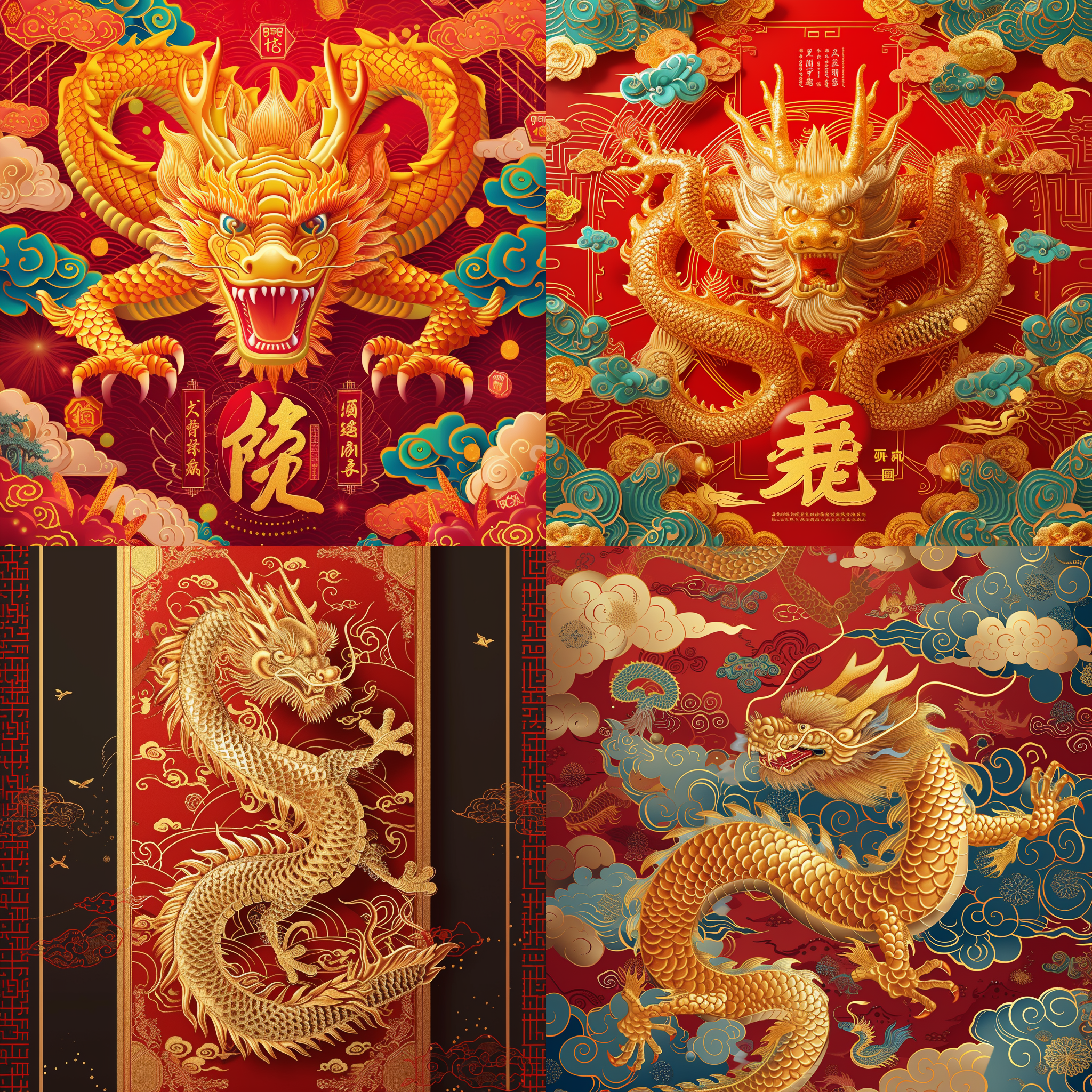 横版画面，彩色炫目，金色龙图案，祥云点缀，对角线布局，明亮照明，细节丰富，喜庆氛围，华丽字体，欢乐祝福，温馨。