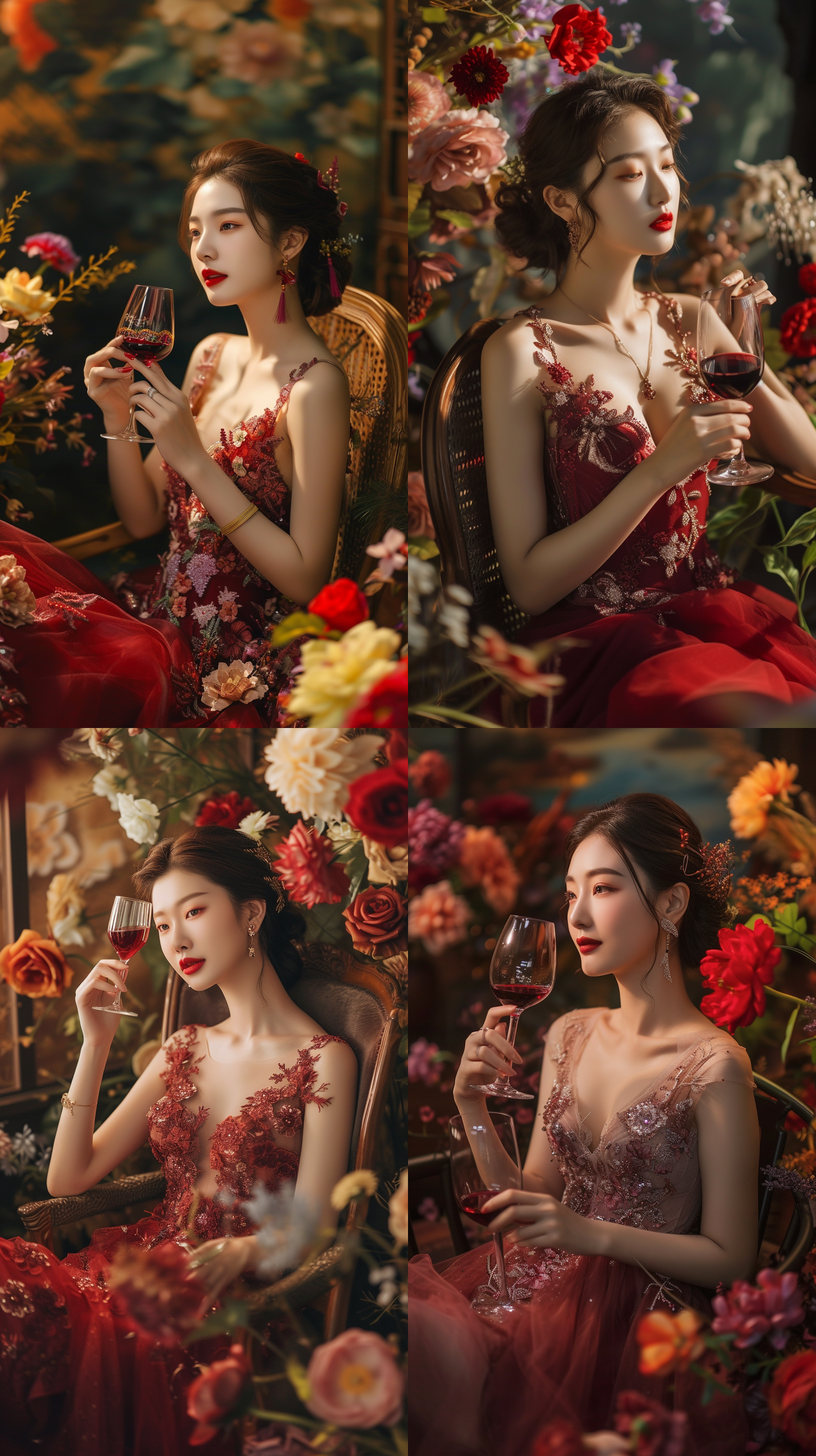 精美的红酒广告，酷似明星的亚洲美女身穿礼服，优雅端庄，坐在椅子上，手持红酒杯，微笑看着远方，戛纳级别的质感，史诗电影般的风格，色彩绚丽的繁花围绕四周