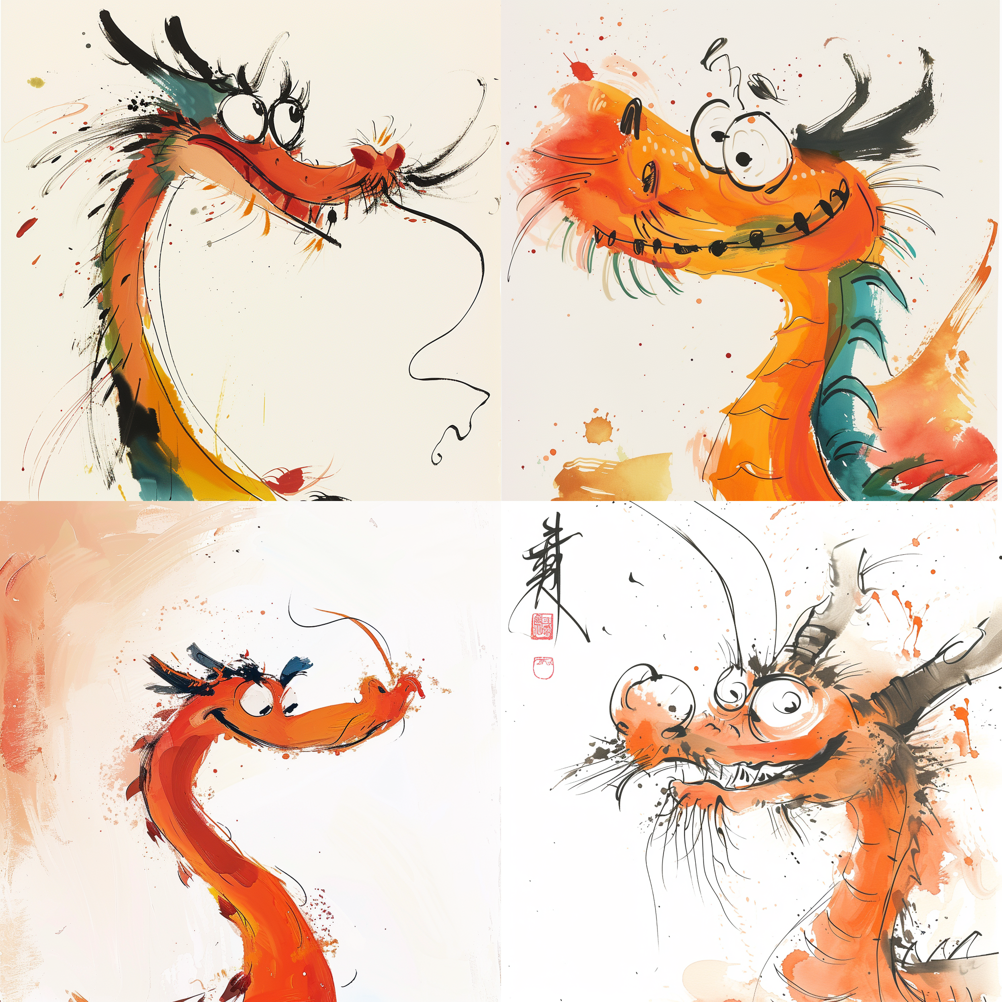 prompt. 吴冠中绘制的，中国龙动画，非常可爱的龙，卡通，有趣又愚蠢，前视图，暖色调，特写头，水墨意境，抽象简单的线条，极简注意，毕加索，高级配色，白色背景，18k，插画风格，3：4