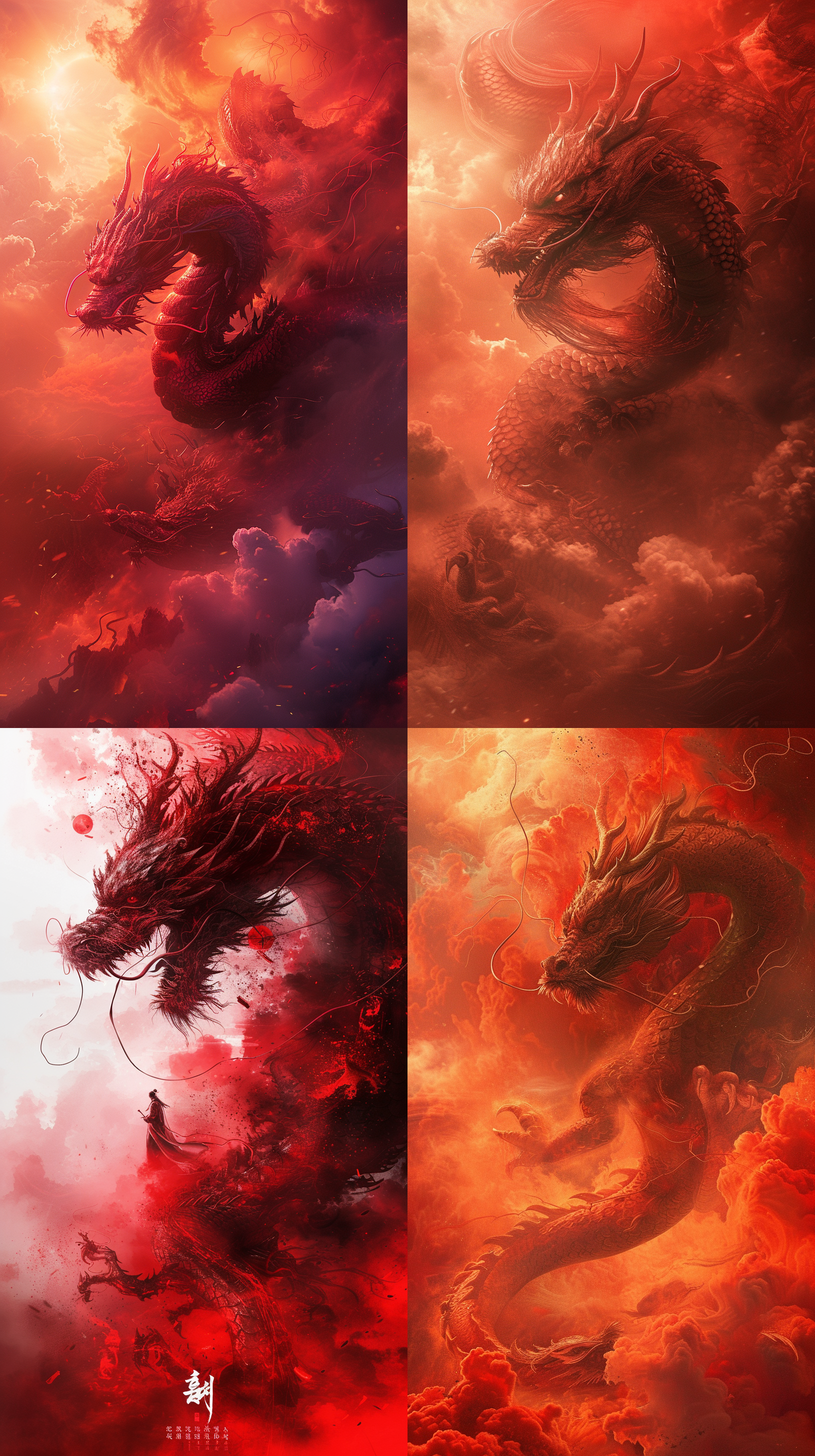 prompt. 中国神话电影海报，中国红龙，生动风格，红色渐变背景，云雾梦幻细节，高清晰度，电影级海报，oshare kei，超高清图像，maggismo，photobashing，超现实主义，令人难以置信，梦幻，3d渲染，8k。
