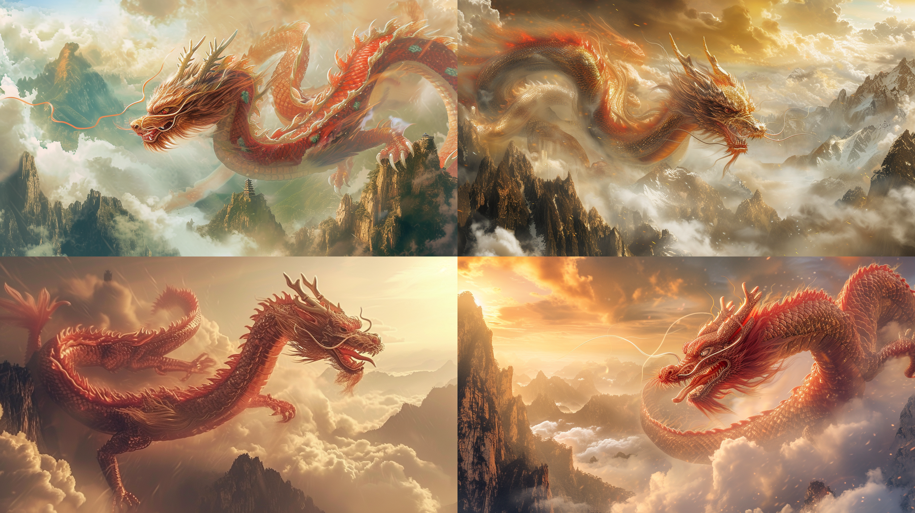 prompt. 中国龙，祥云，山峦背景，层次感，古典风格，红金色调，长焦镜头，逆光，盘旋飞行，威严庄重。