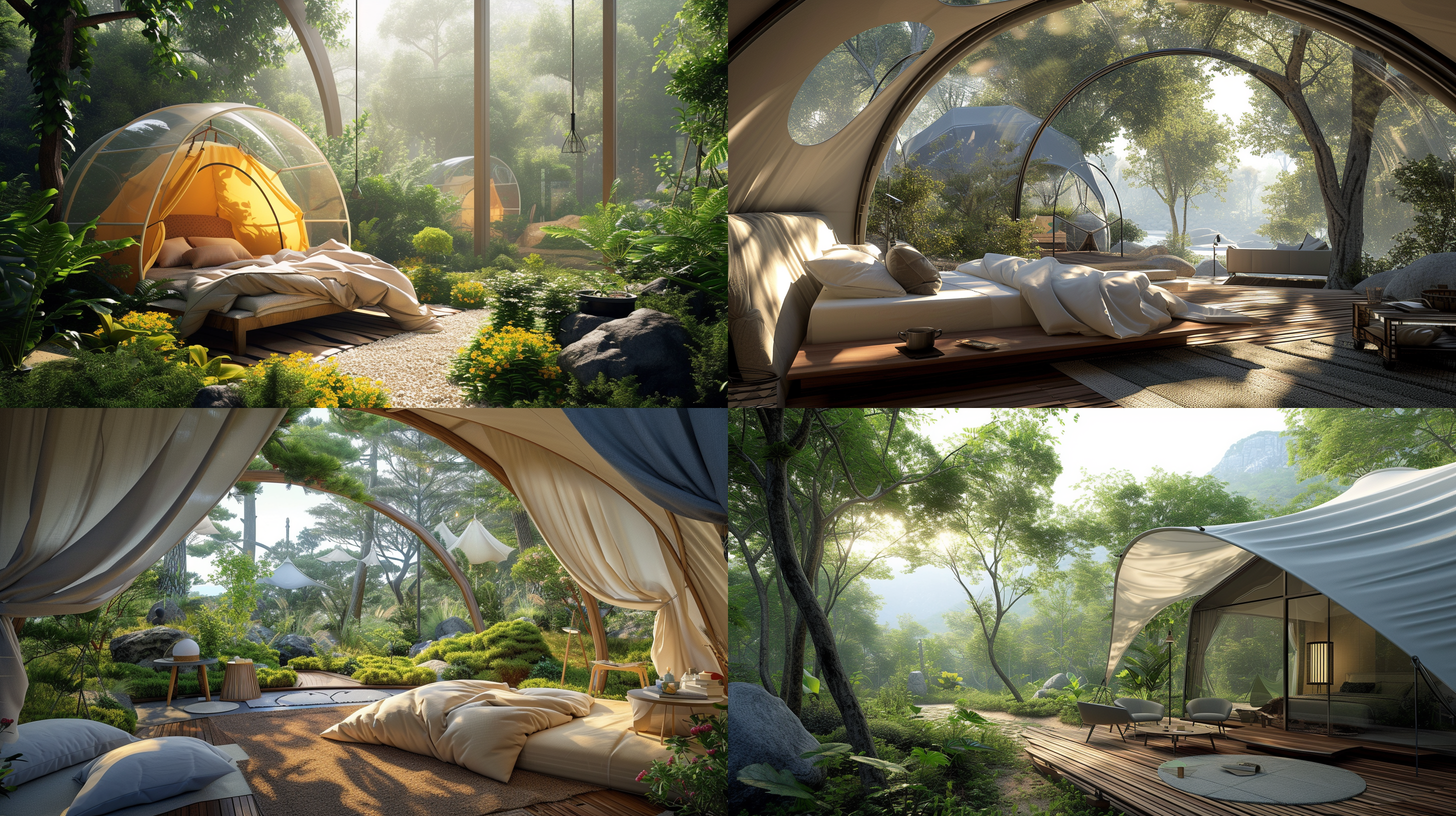 prompt. 张拉膜和透明空气膜结构，高原生态花园，露营帐篷，逼真室内效果，透视感，广角镜头，自然光，明亮光线，放松，舒适。
