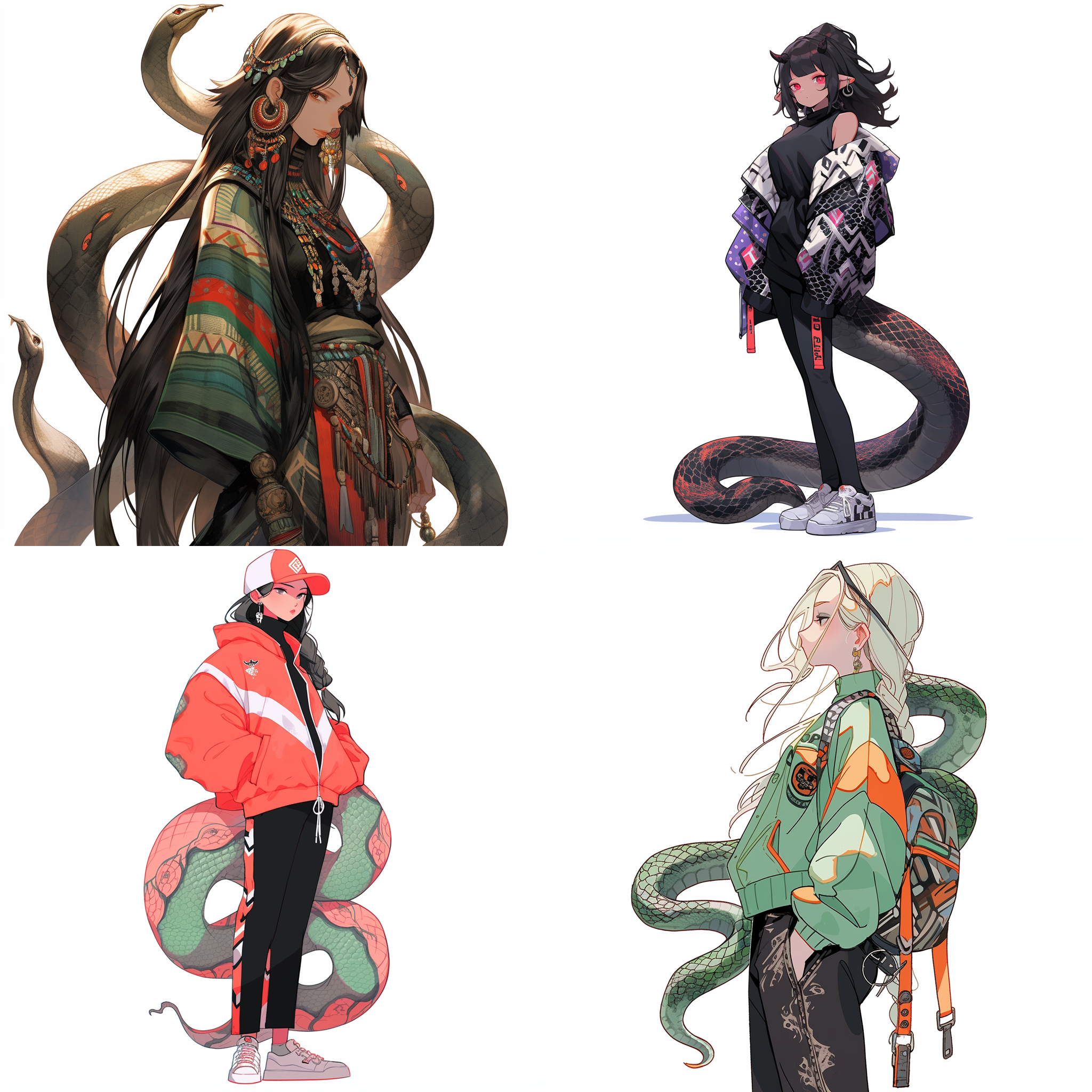 有蛇尾巴的女人，插画风格，背景简单，细节详细