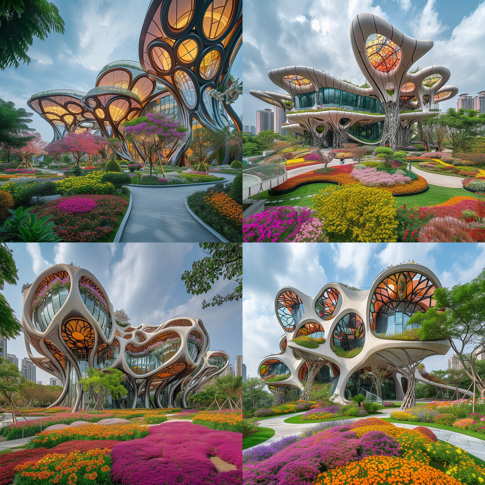 建筑物外观前卫独特，高楼大厦呈现奇幻造型。楼顶打破形成巨大园林空地，绚丽多彩的花卉树木令人着迷。钢筋树丛环绕建筑物，结合未来科技与自然灵感。景色层次丰富，色彩明亮饱满。透视线引导视线，增强空间感。建筑与自然融合，展示新世界的魅力。现代主义风格，广角镜头，明亮照明，动态构图，生动活泼，充满希望。