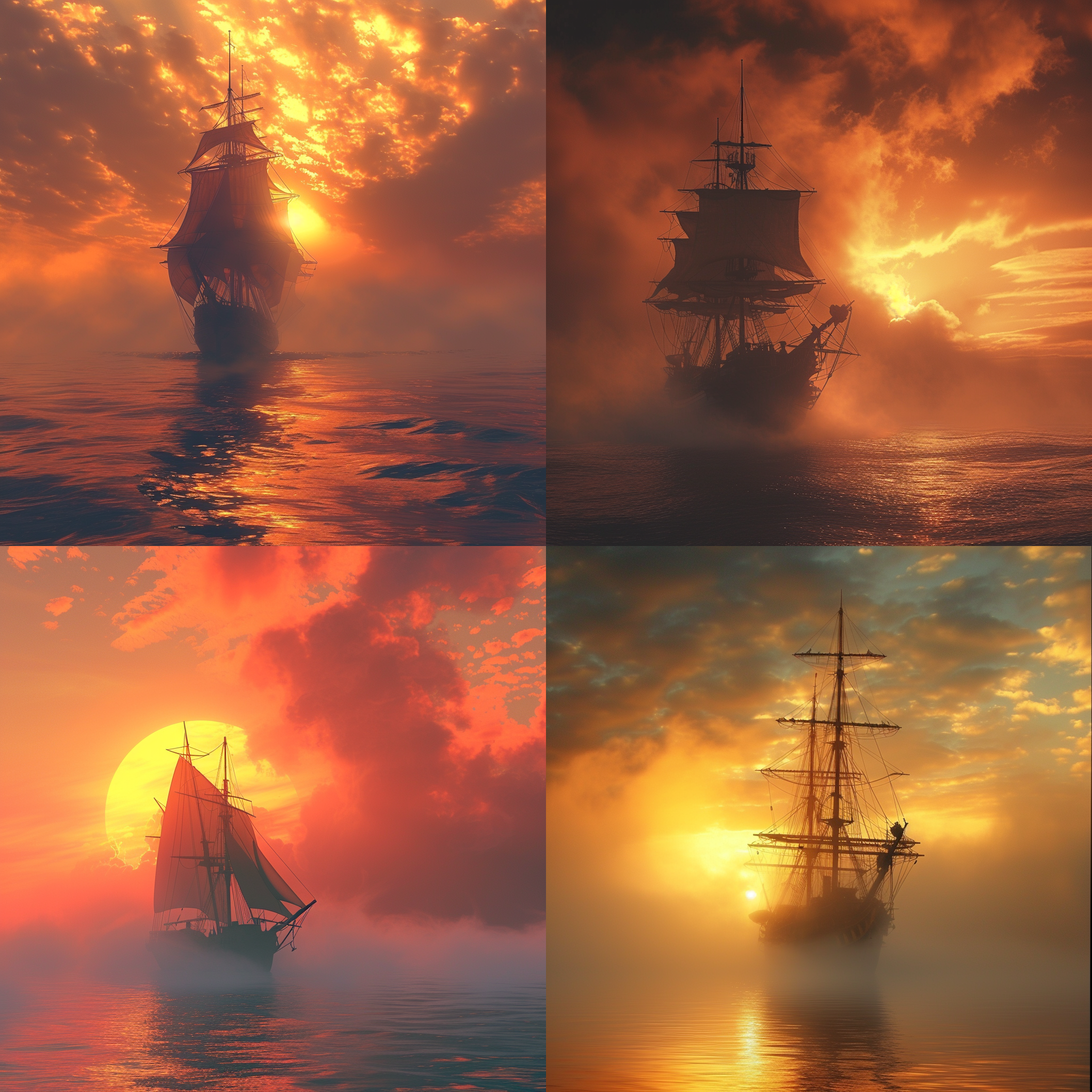 prompt. 船在未知水域，日落背景，迷雾环绕，孤独航行，冒险，剪影，暖色调，远景，沉静。