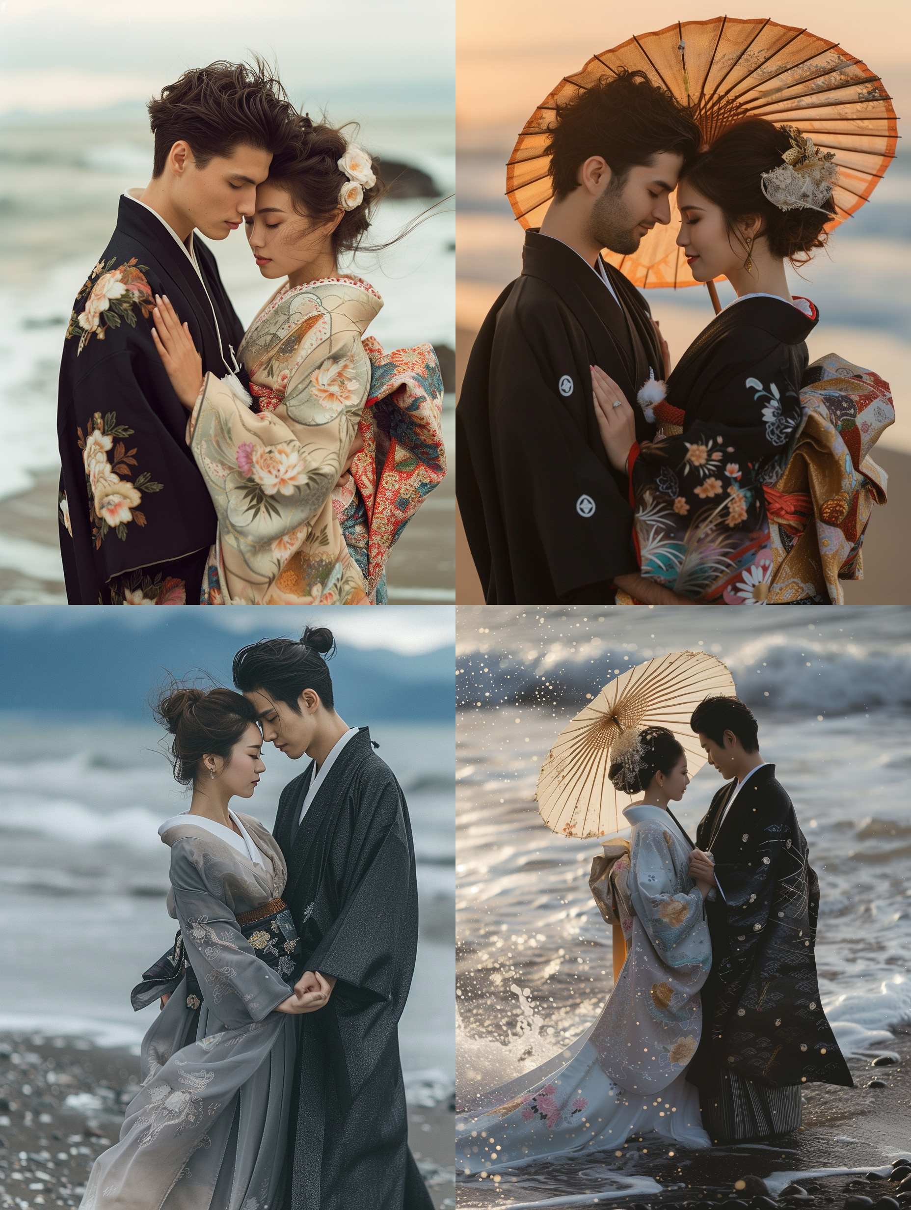 prompt. 新娘新郎拥抱，日本风格，大气镜头，海滩，黑色海蓝宝石，传统服饰，户外动态，自然海浪，8k uhd，情感。