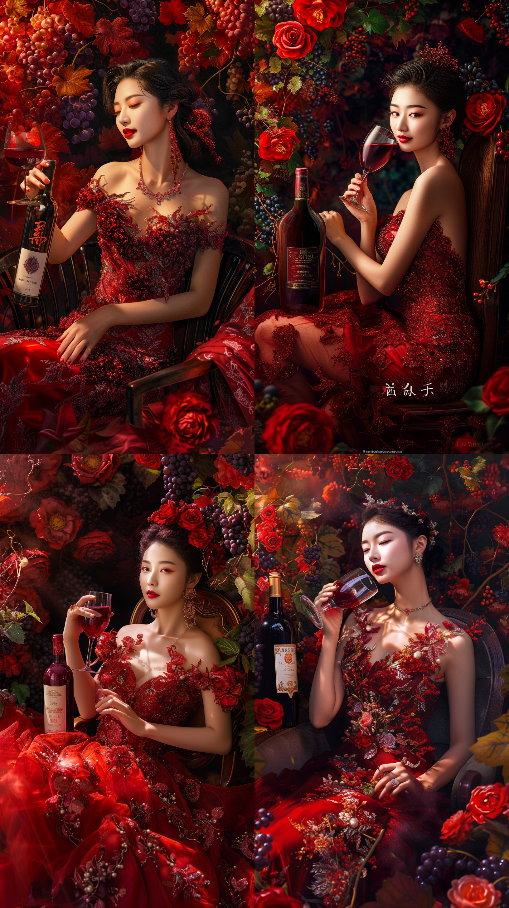 精美的红酒广告，亚洲美女身穿礼服，优雅端庄，坐在椅子上，手持红酒杯，微笑看着远方，戛纳级别的质感，史诗电影般的风格，色彩绚丽的繁花围绕四周，葡萄藤缠绕着红酒瓶