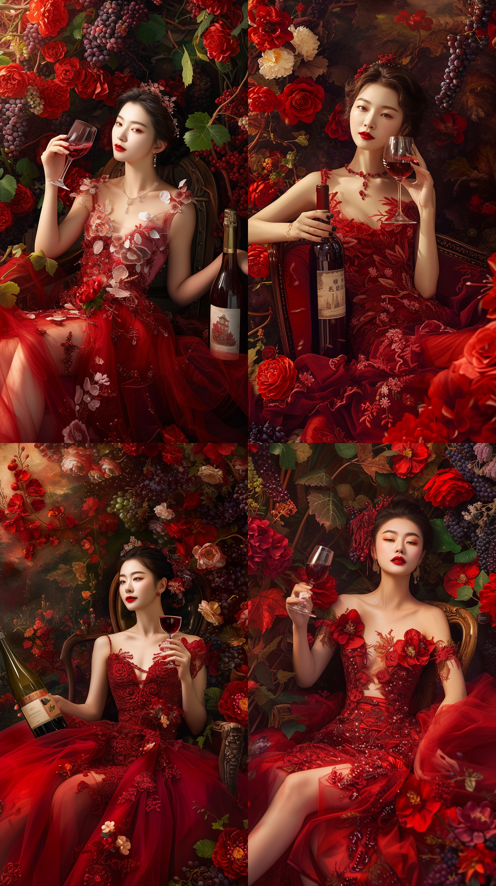精美的红酒广告，亚洲美女身穿礼服，优雅端庄，坐在椅子上，手持红酒杯，微笑看着远方，戛纳级别的质感，史诗电影般的风格，色彩绚丽的繁花围绕四周，葡萄藤缠绕着红酒瓶
