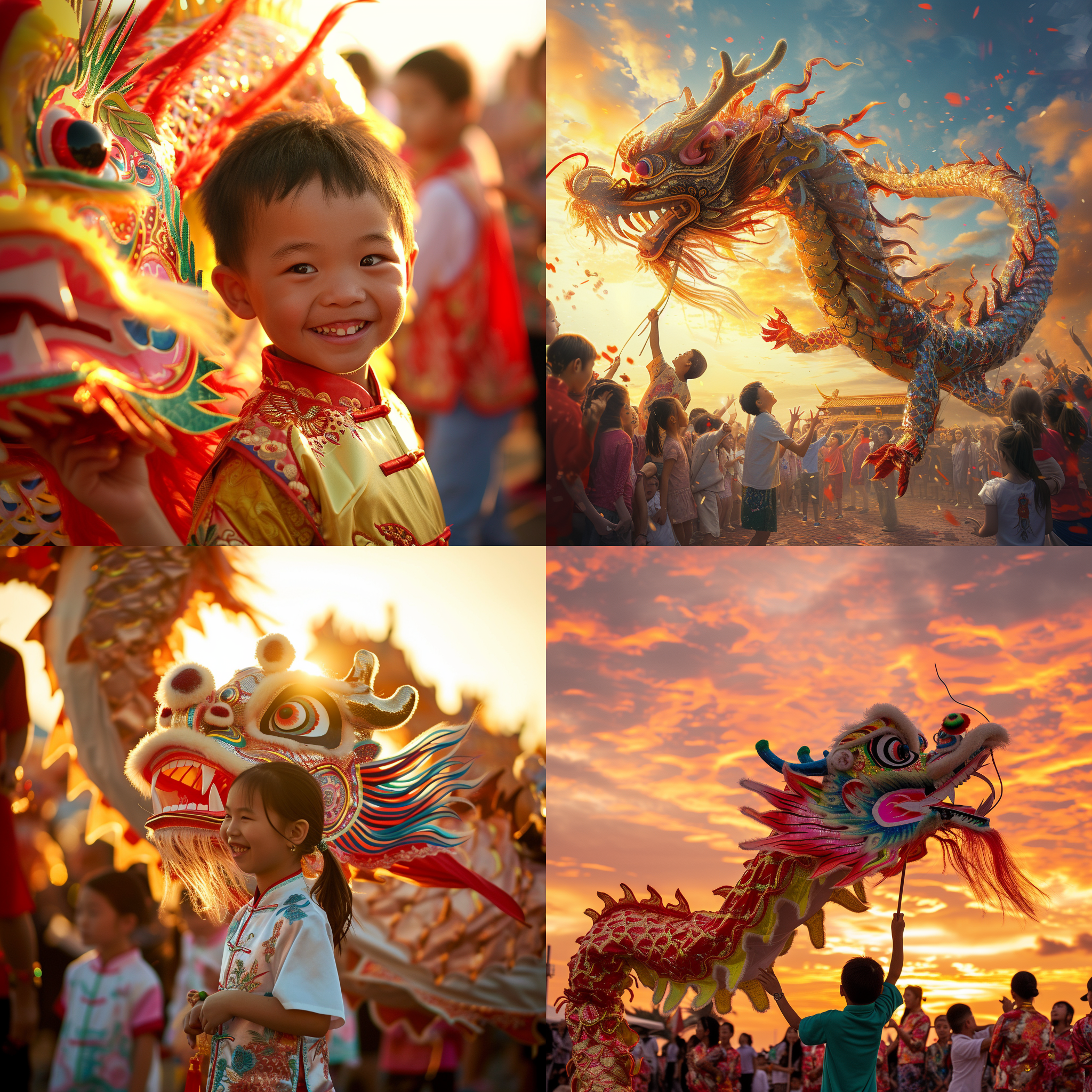 prompt. 儿童家庭围绕传统舞龙表演，中央是生动的舞龙，人群，热闹，传统服饰，华丽色彩，室外，长焦镜头，日落光线，欢乐氛围，互动，喜庆。