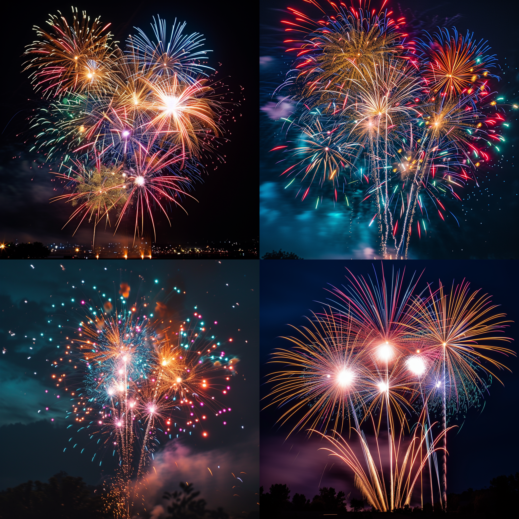 prompt. 烟花绽放，夜空璀璨，高角度视角，夜晚，多彩灯光，长焦镜头，霓虹色调，快门延时，爆炸，喜悦。