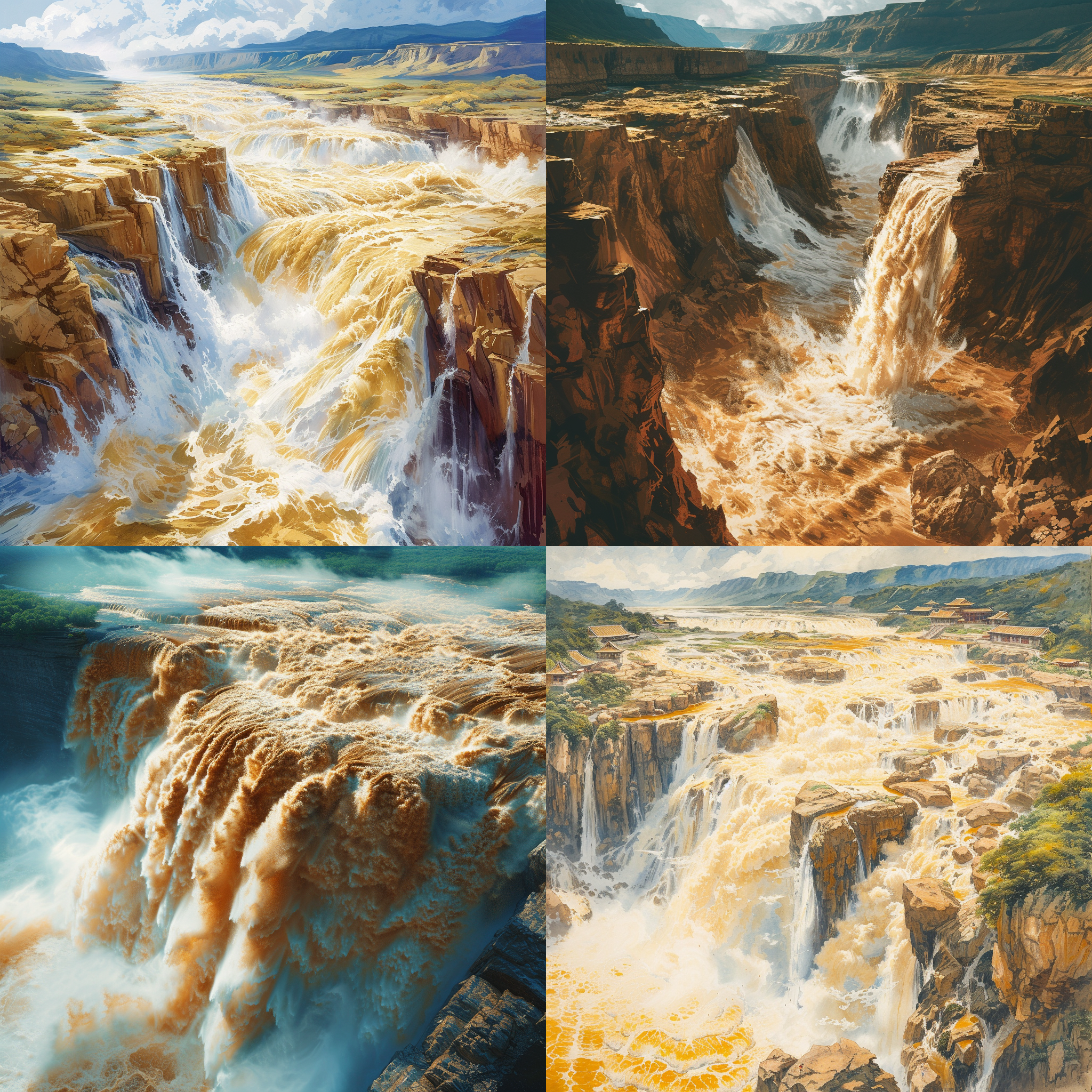 prompt. 黄河，壶口瀑布，国风插画，航拍视角，壁纸风格，细节丰富，远景近景对比，明亮色调，传统元素，宏伟壮观，自然光线，和谐平衡。