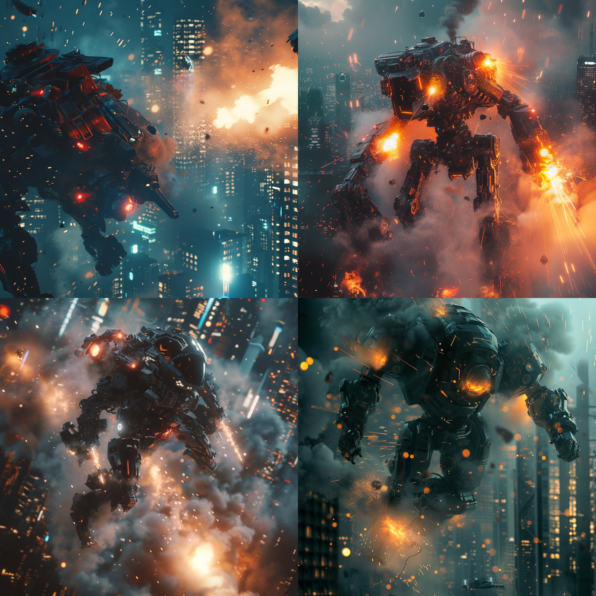 机甲战斗，夜晚城市背景，烟雾弥漫，金属质感，高动态范围，长焦镜头，逆光，爆炸，火花四溅，冷色调，紧张。