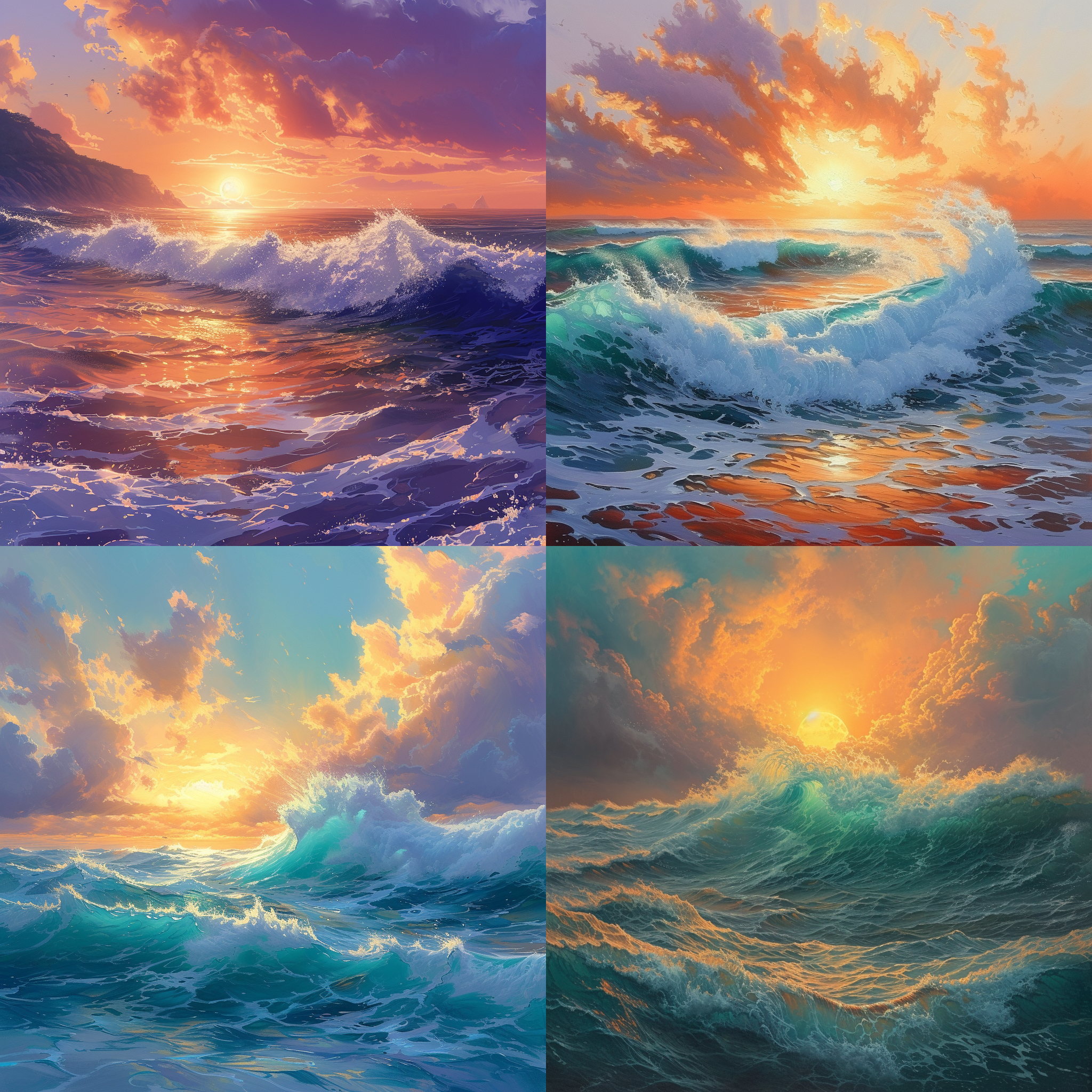 prompt. 大海日出，写实风格，平视视角，细节丰富，明亮色调，宏伟壮观，自然光线，海浪涌动，传统元素，和谐平衡。