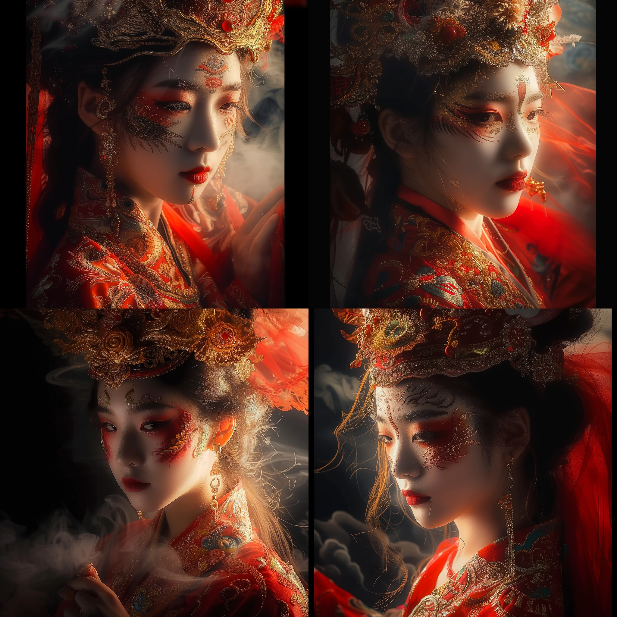 prompt. 脸谱，多重曝光，暗黑风格，神秘氛围，中央构图，高光部分，红色调，细节丰富，面具，戏剧性情绪。