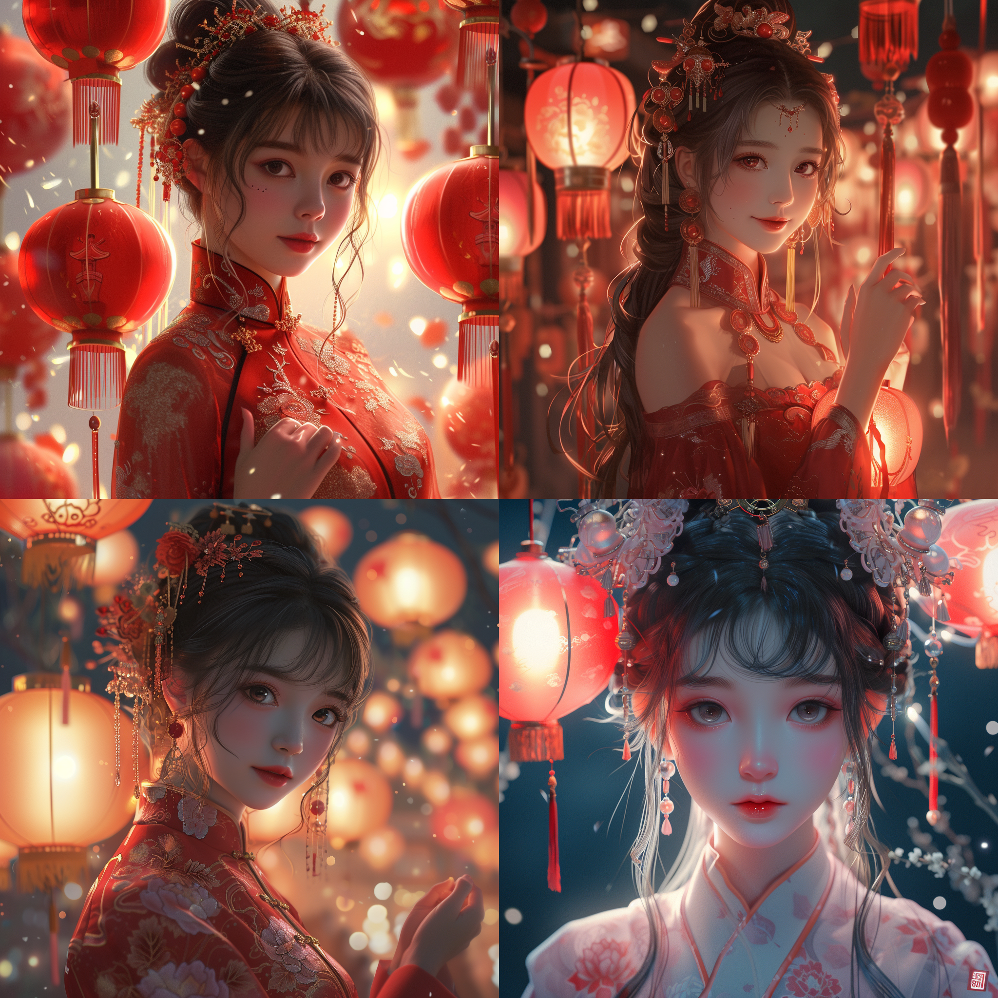 prompt. 复古写真，灯笼，手拿春联，手拿福字，冷白皮，少女感，全身，长卷发，氛围感，漫画大眼睛，细节光，光线追踪，比例正确，完美构图，无限细节高质量，大师之作，皮肤白皙有光泽，上高光画面细腻，灰色瞳孔，黑细节光，彩色碎光，光线追踪，杰作长发，凌乱头发(水雾，光影，唯美，细节，打光)精致面容，完美构图，细碎光斑，特写，华丽闪耀，精致发冠，细腻渲染，细节，高分辨率，光线追踪，渲染，唯美，比例协调，喜庆色彩，完美构图，色彩斑斓，细节光