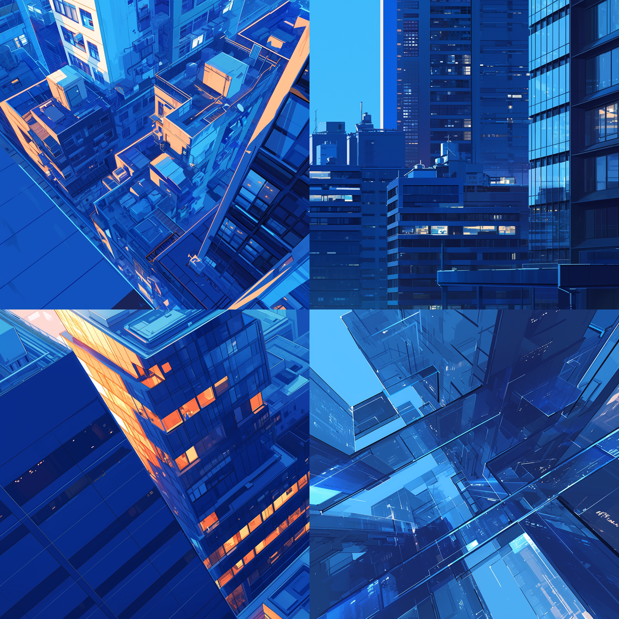 prompt. 高楼大厦，城市天际线，现代建筑，玻璃幕墙，傍晚时分，蓝调色调，长焦镜头，对角线构图，透视感，光影交错，霓虹灯光，繁华。