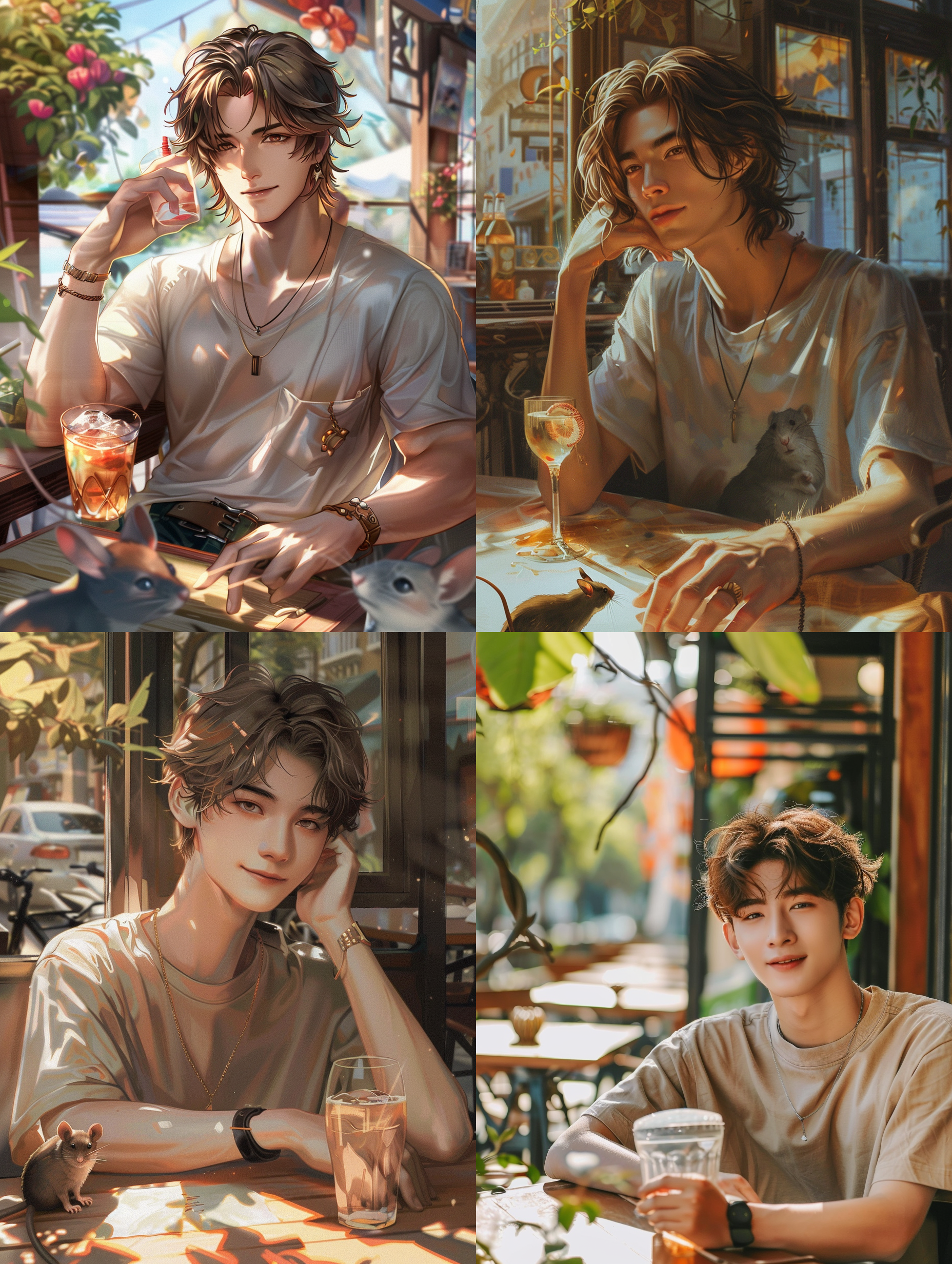yanjun chengt enjoys a serene moment at a quaint street cafe, his medium brown hair catching the sunlight as he sits in a relaxed posture, wearing a comfortable t-shirt. with a genuine smile, he poses for a photograph, his drink held delicately in one hand. despite the peaceful atmosphere, a bold mouse scampers by, its large ears perked up inquisitively as it searches for a snack, threatening to disrupt yanjun's moment of tranquility.