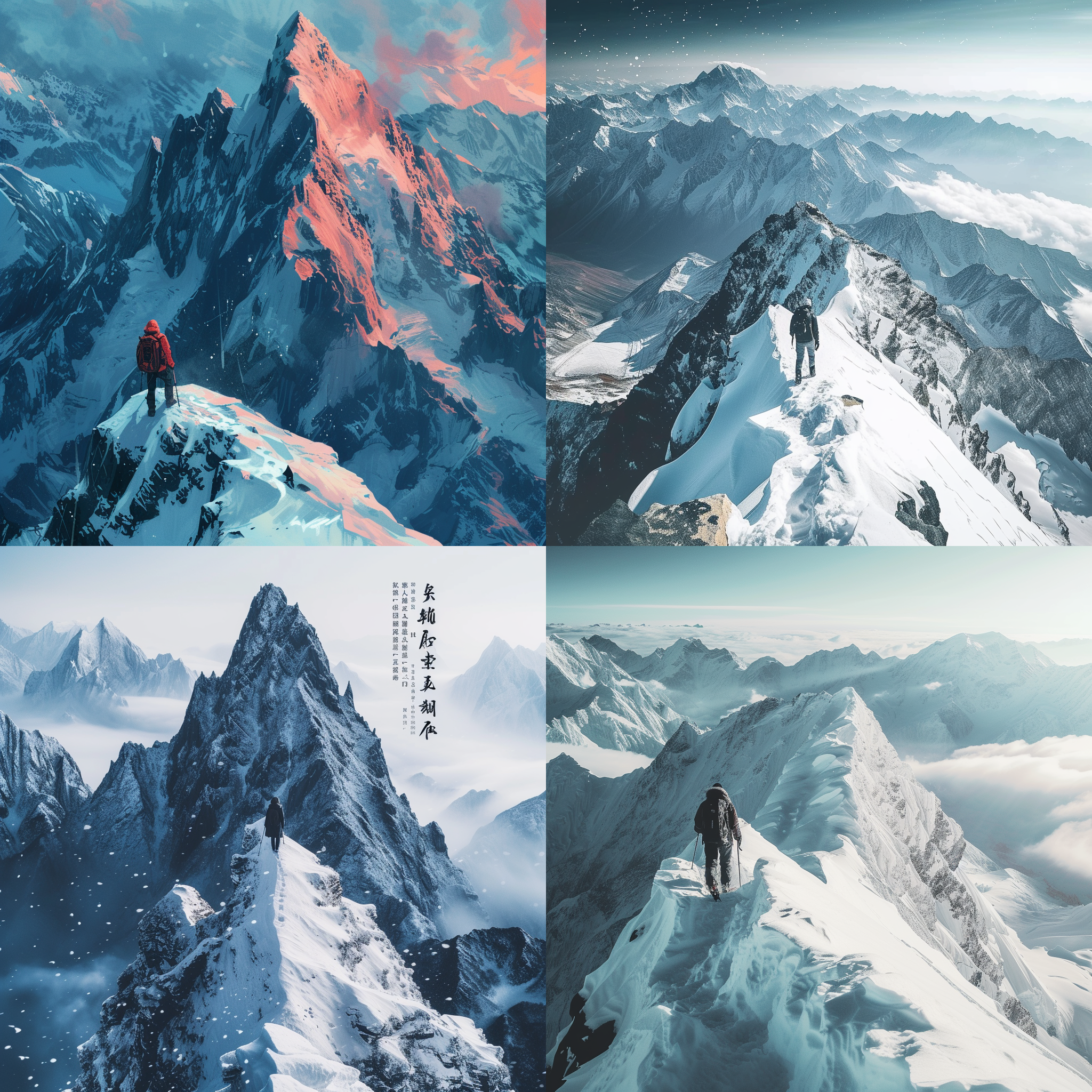 prompt. 探险家登山，鸟瞰，冷色调，山峰背景，中式美学，黑色字体，高对比度，遥望，雪地，倾斜构图，户外，壮丽。