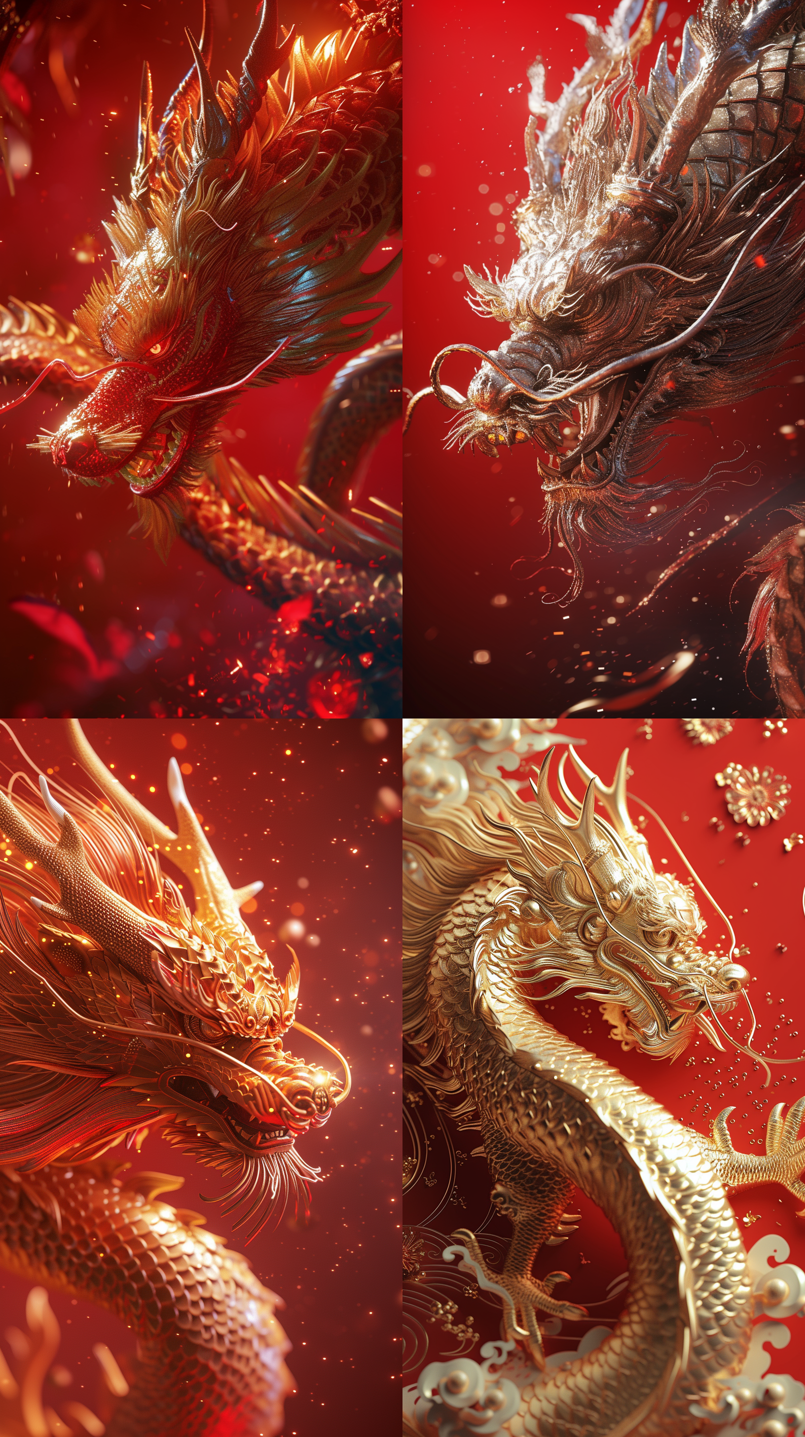 prompt. 新年龙壁纸，立体浮雕，威武霸气，3d渲染，细节惟妙惟肖，红色背景，俯瞰角度，闪耀光芒，8k画质，搅拌机材质，树脂材质，uhd莱卡镜头，神话生物，新年插画。