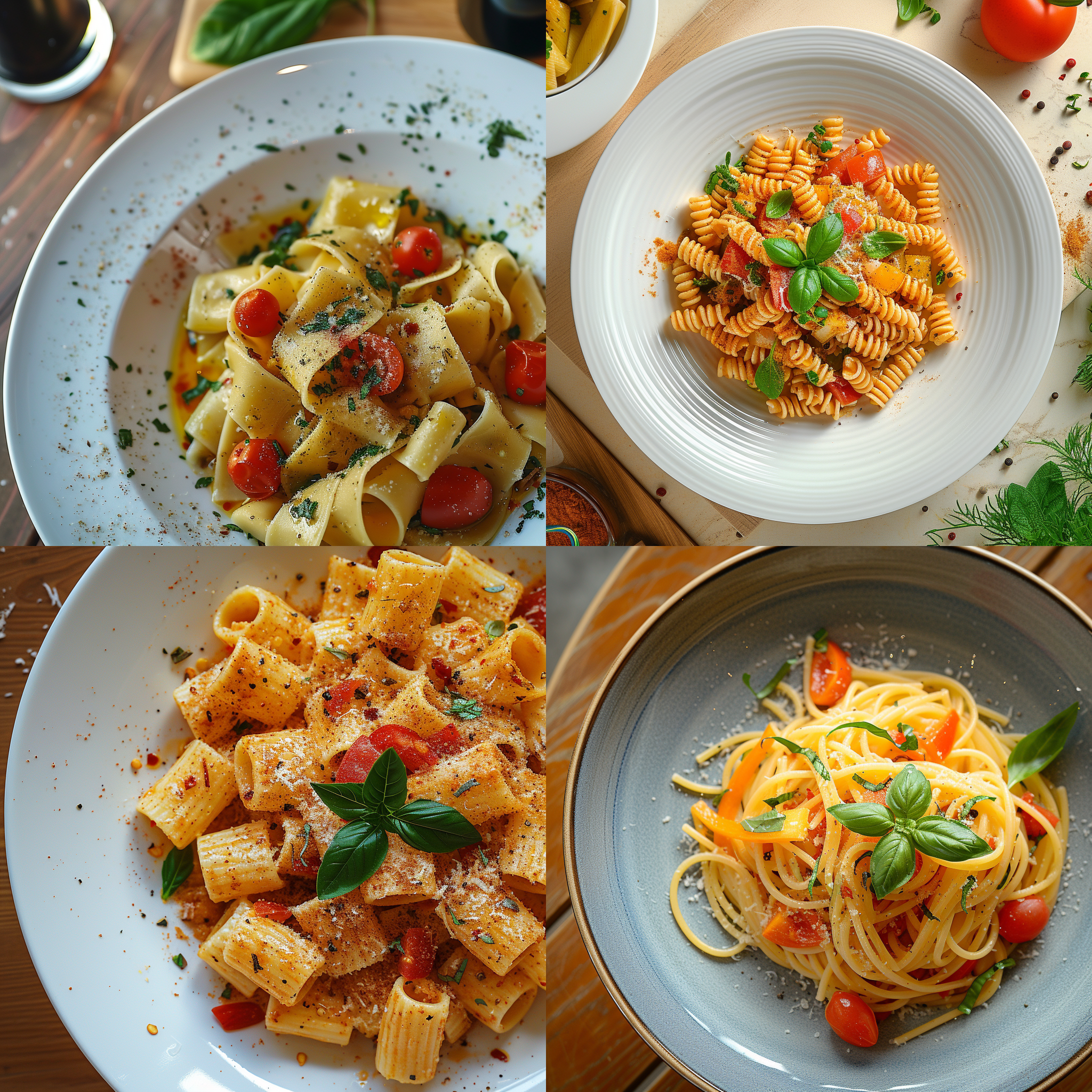 prompt. 意大利面盘，拍摄于餐厅内，暖色调，细节清晰，高角度俯视，旋转构图，静态，意大利面条整齐摆放，新鲜蔬菜点缀，食欲，诱人。