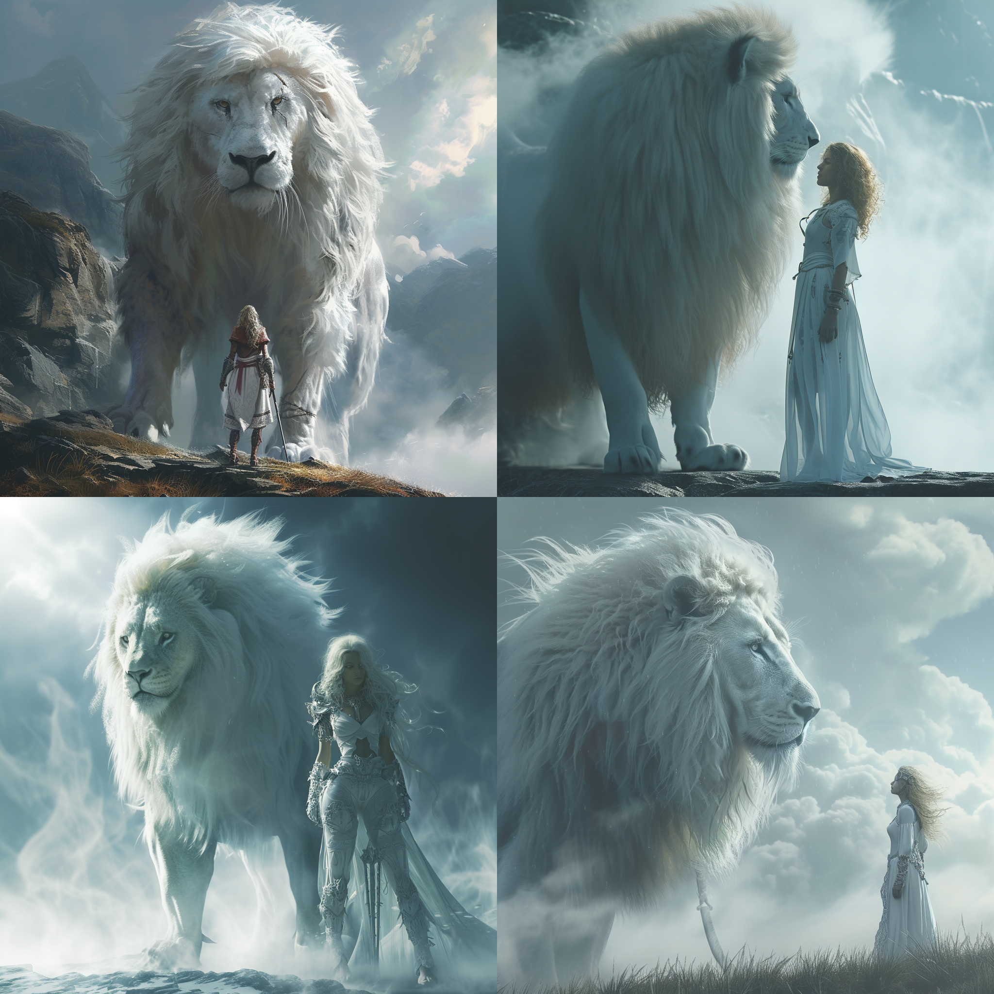 prompt. 白狮站在雾中，英雄装束女子出现，manticore和hero-core风格，reylia slab字体，神秘环境，广角镜头，柔和侧光，冷色调，敬畏吸引力。