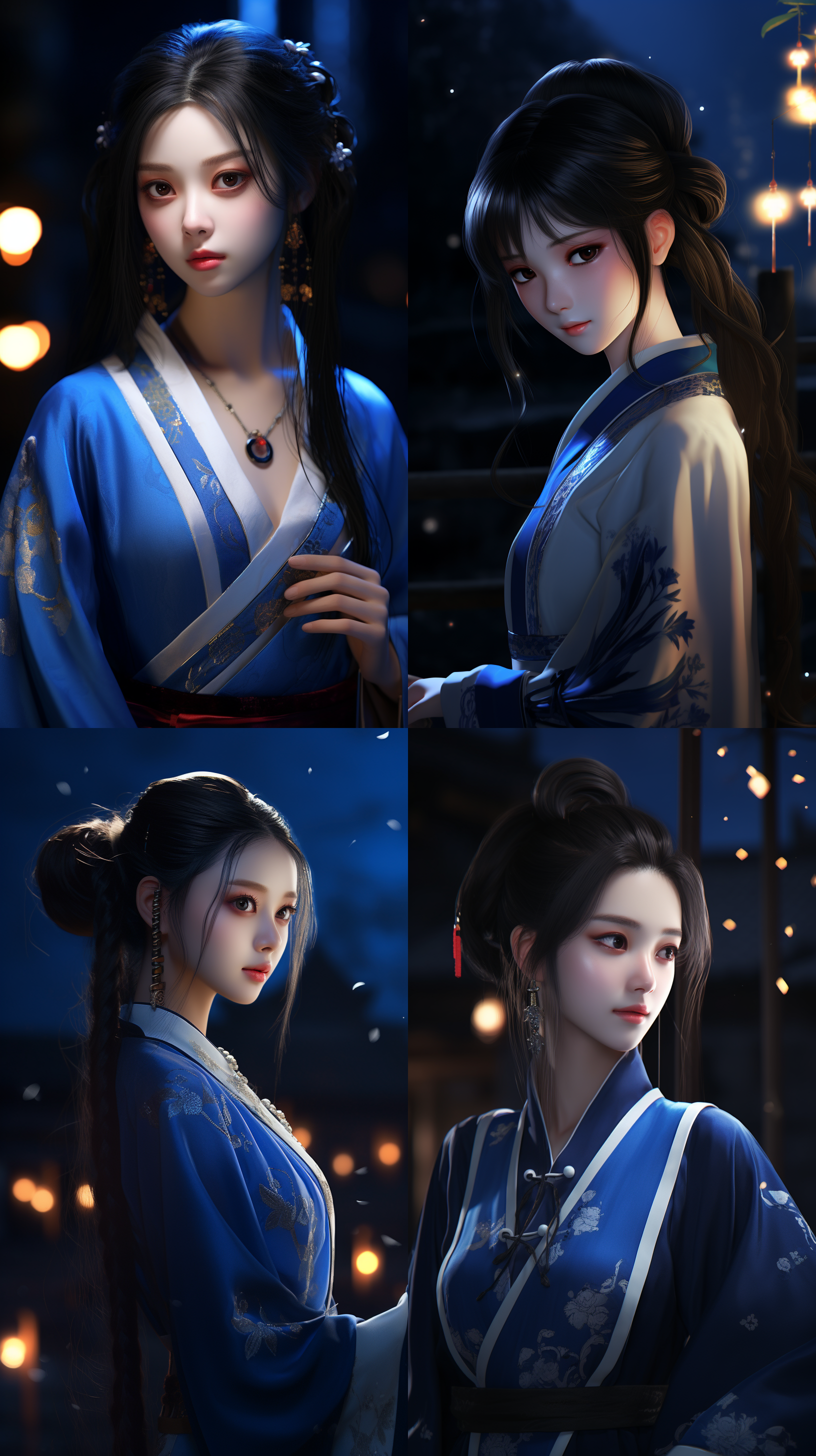 回头看镜头的中国十六岁美女，四分之三视角，面向镜头，侧视图，特写镜头，微笑，黑色长发，蓝色汉服，唐装，背景虚化，夜景光，顶光，侧光，3d，中国风插画，c4d，oc渲染，未来主义风格，ar9:16，niji5。