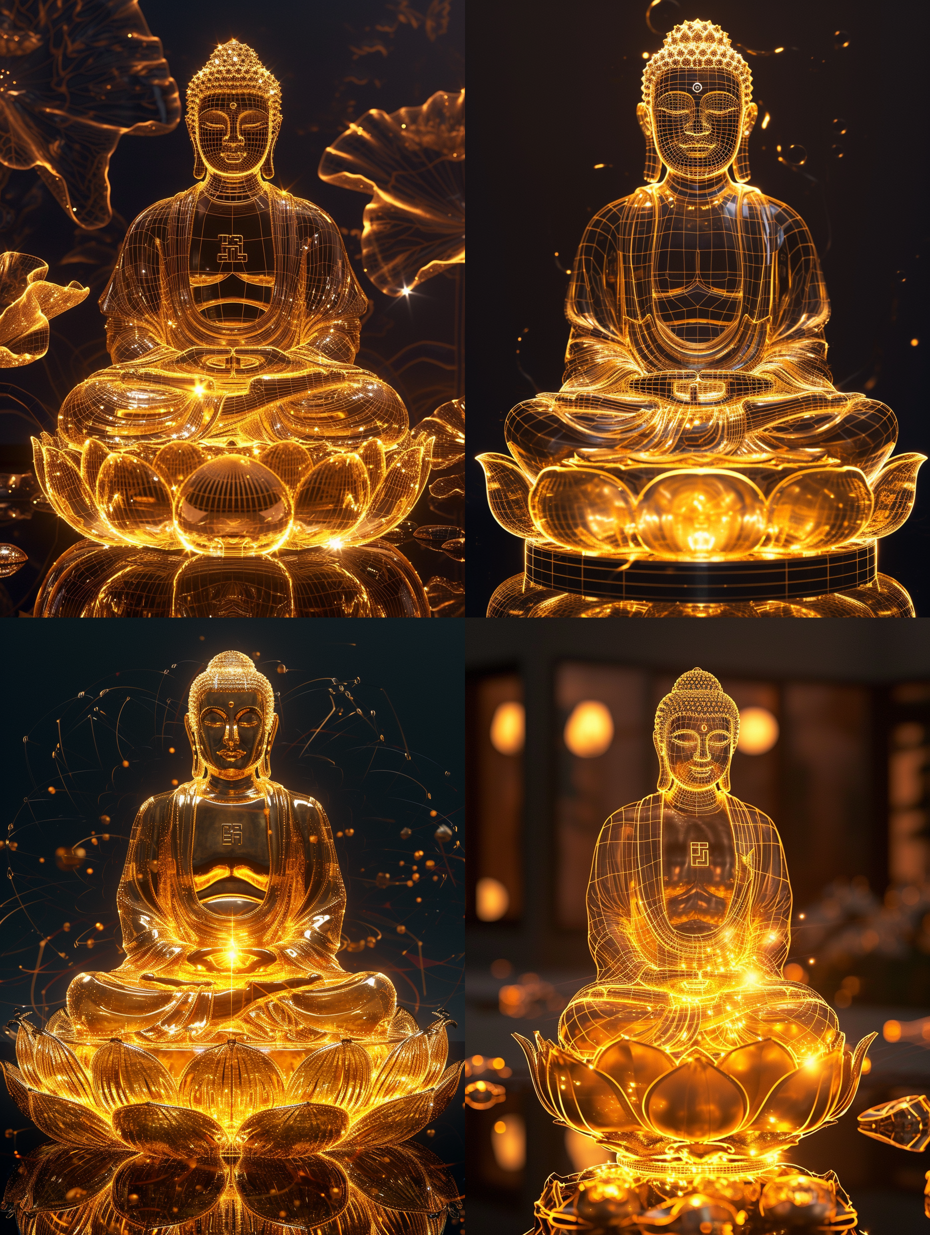 如来佛祖盘膝而坐在金莲上，透明身体散发着神圣威严，佛光普照。照片以正面视角拍摄，使用线框笔触和发光描边突出佛祖的全息效果。层叠构图和水晶核心增强了神秘感。明暗对比和霓虹色彩营造了宏伟庄严的氛围。全身特写镜头和直视摄像机捕捉到佛祖的灵动眼神。