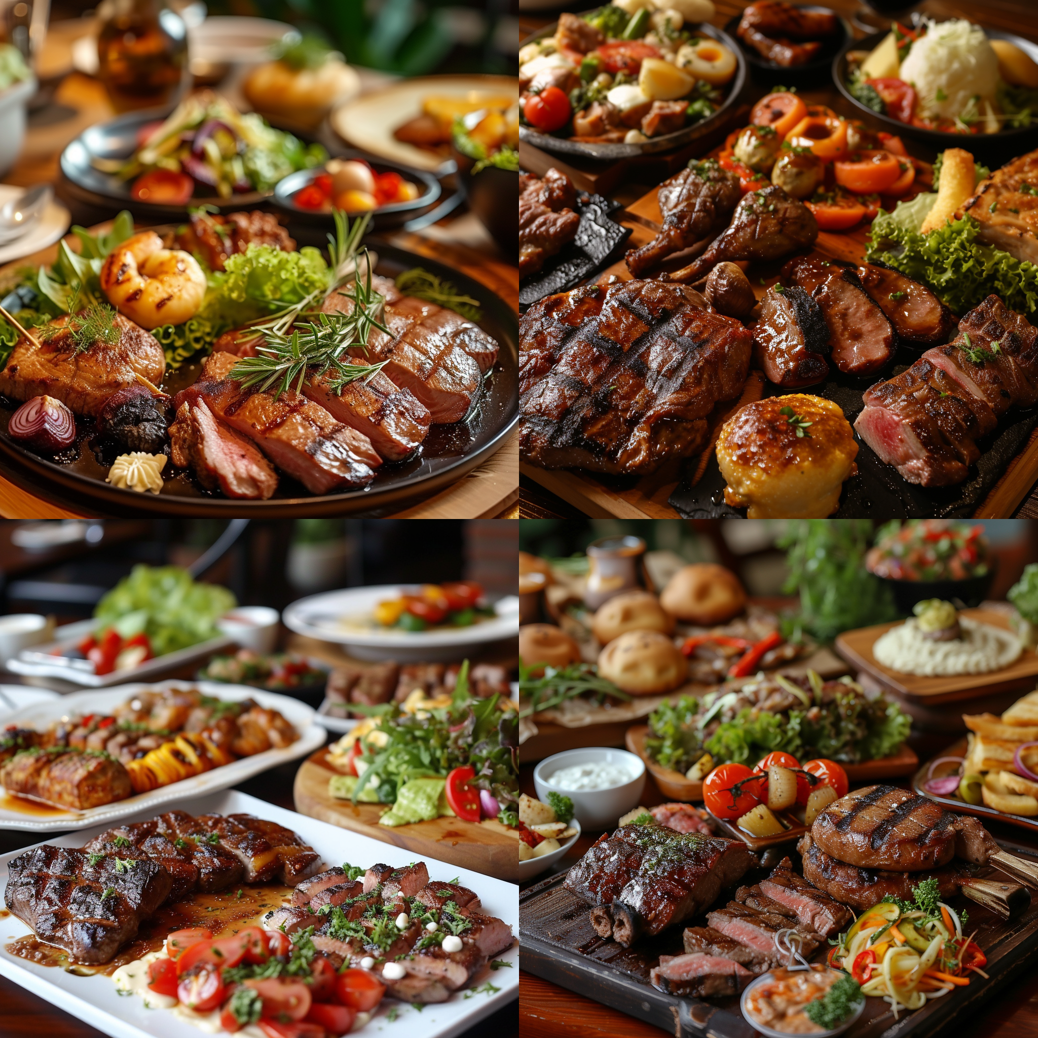 一盘美味诱人的西餐，精致的摆盘和丰富的色彩令人垂涎欲滴。餐桌上摆满了各种烤肉、沙拉和面点，散发着诱人的香气。光线柔和而温暖，营造出舒适的用餐氛围。食物的细节清晰可见，让人无法抗拒。美食、摆盘、色彩丰富、光线柔和、诱人、细节清晰。