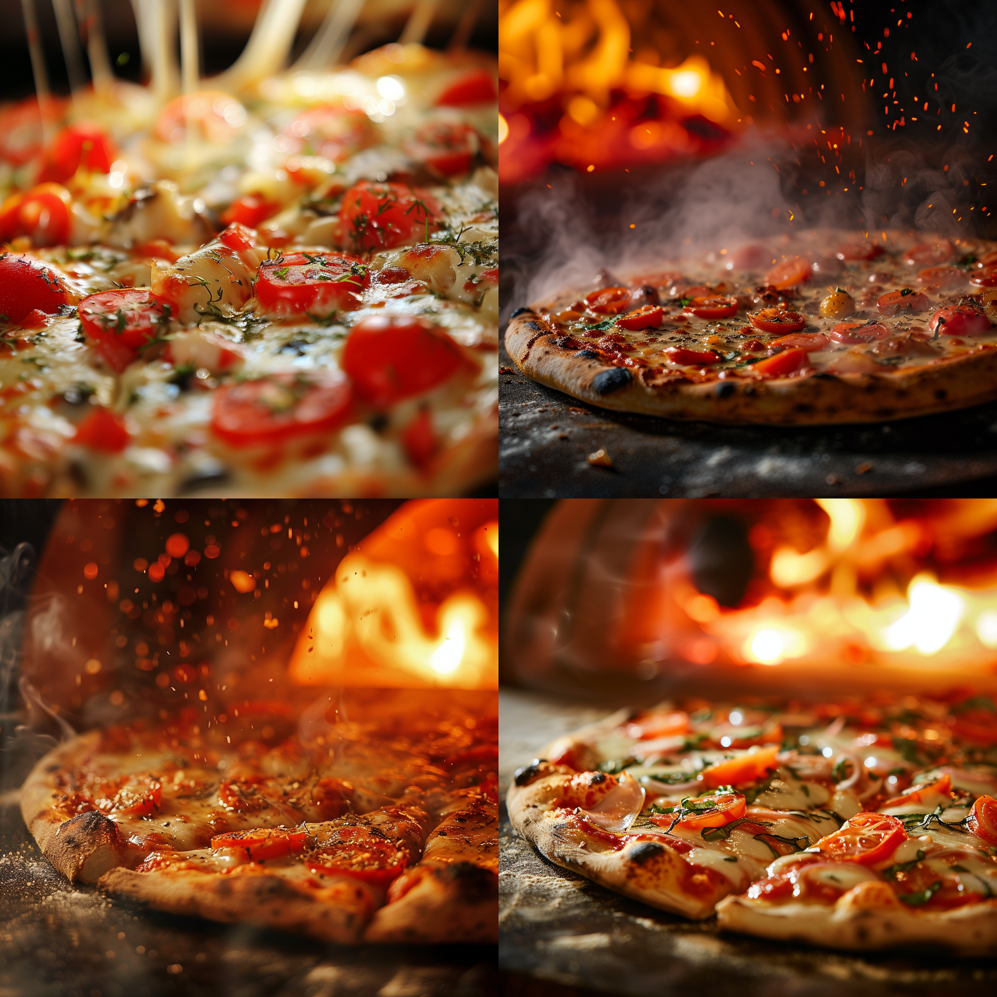 prompt. 披萨，大特写，诱人，美味，热腾腾，色彩丰富，烤箱内，细节表现，快门速度，对焦模糊，流动感，暖色调。