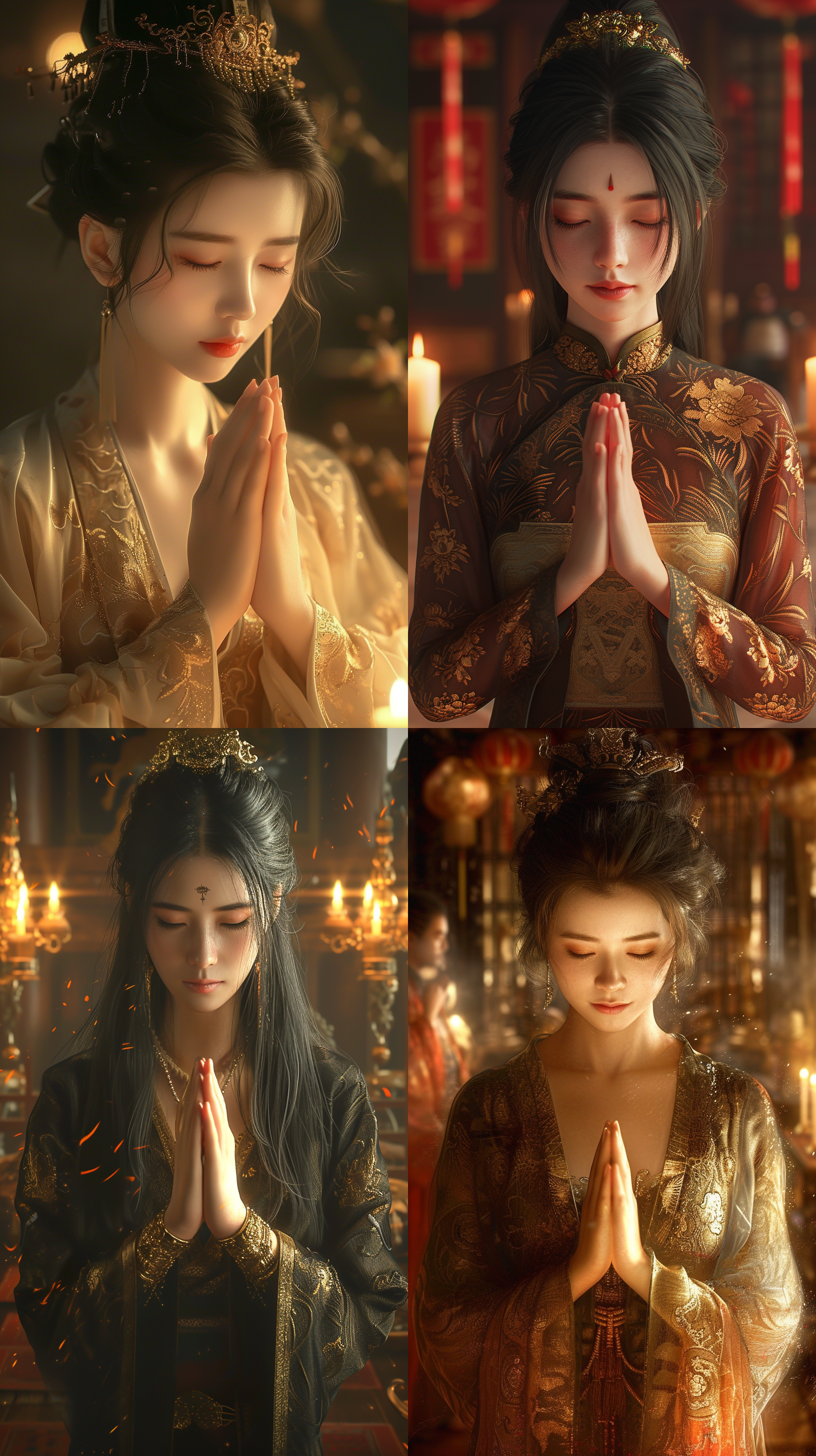 prompt. 亚洲美少女双手合十, 身材丰满, 古风衣服, 大殿内, 烛光, 祈祷, 大师级画质, 细节丰富, 柔和色调, 神圣感, 高清晰度, 仪式感。
