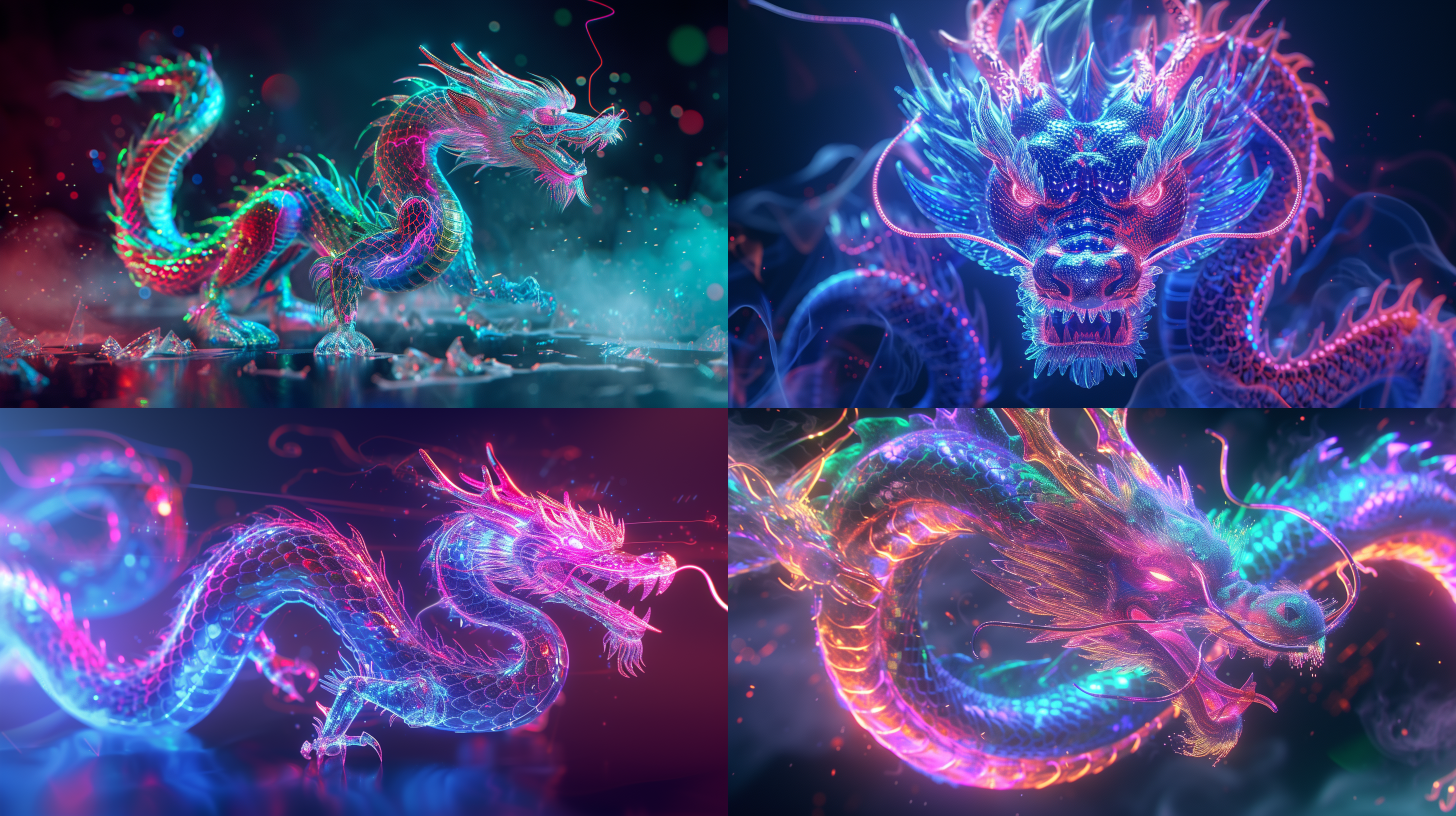 prompt. 全息中国龙，线框笔触，透明身体，发光描边，层叠构图，水晶核心，明暗对比，霓虹色彩，正面视角，直视摄像机。