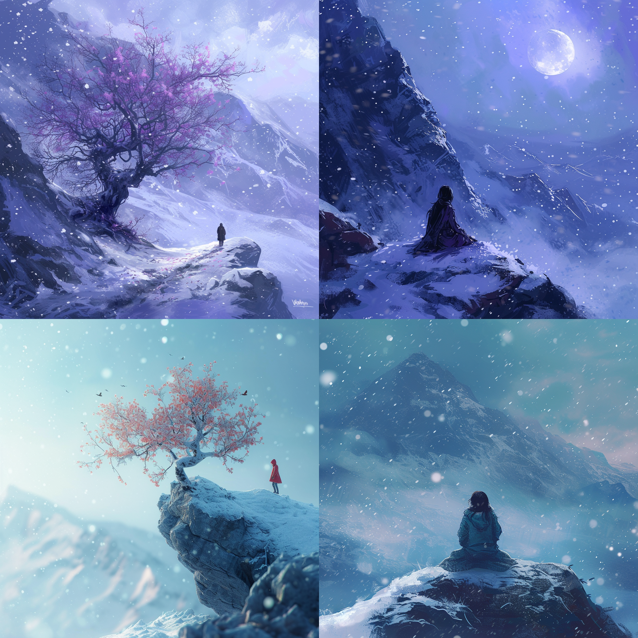 prompt. 梅雪交加，山顶，寒冷蓝调，中景构图，柔焦，雪花飘落，人物穿着冬装，静默，孤独，思考。