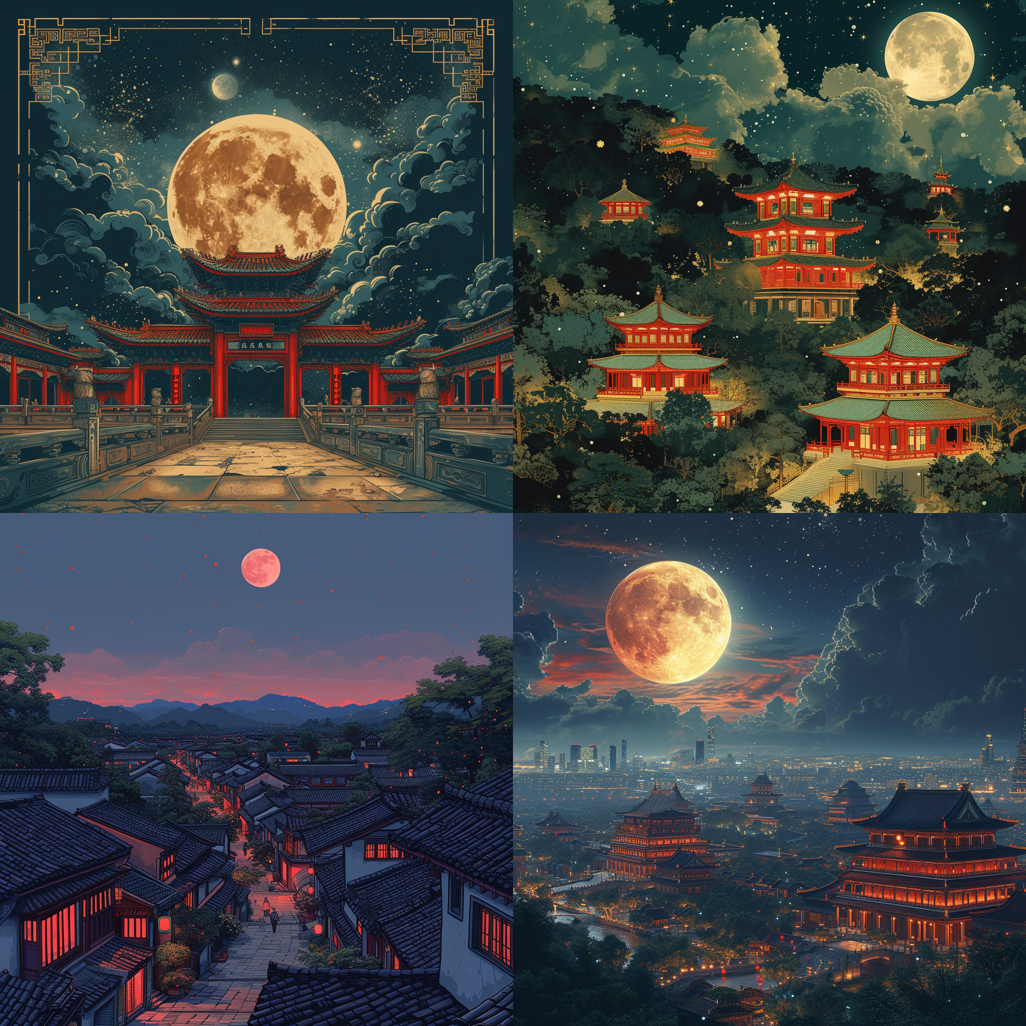 插画，远景，中式复古风格，恢弘的古代阁楼建筑，繁华，黑夜，灯火通明，多彩，明月当空，星星