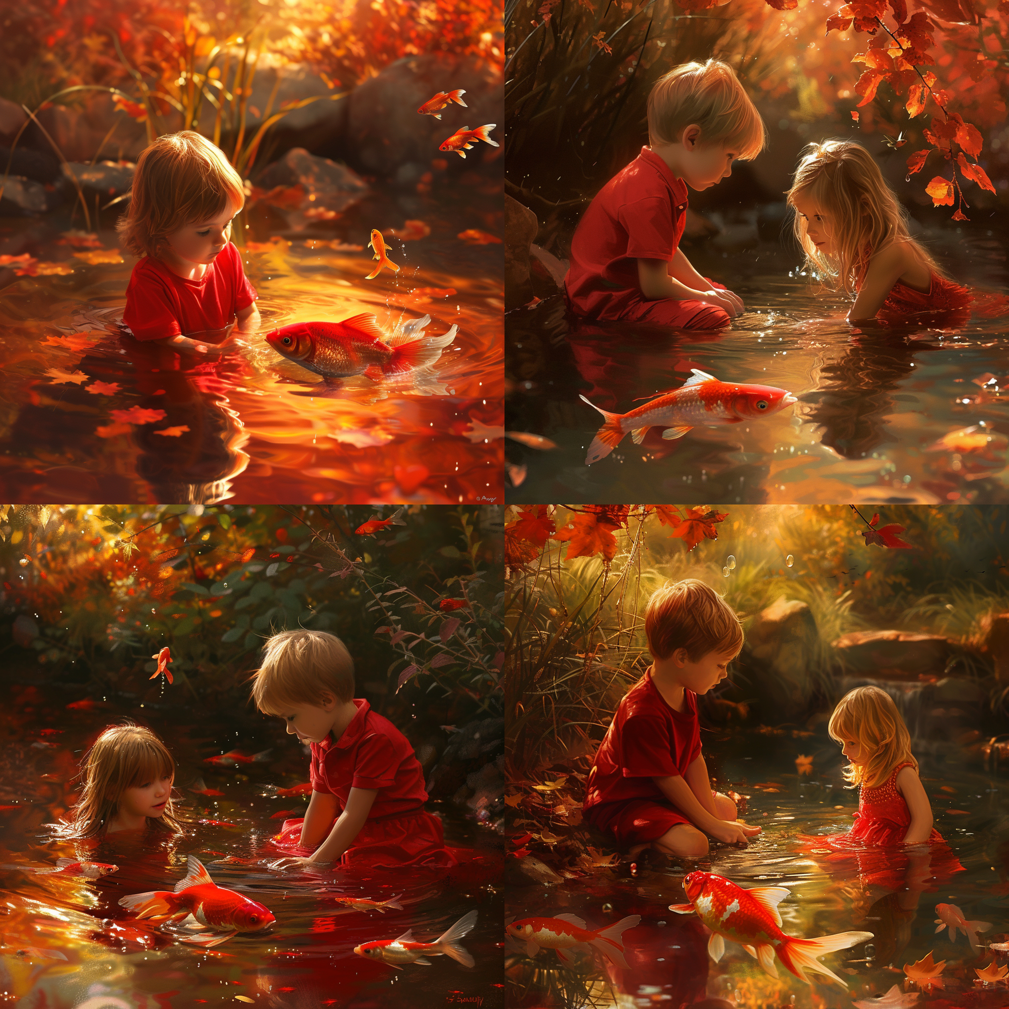 prompt. 红衣少年，少女玩水嬉戏，水中金鳞鱼游动，光影效果，光怪陆离，红色和琥珀色，逼真的姿态，细节丰富, 远景近景对比, 明亮色调,自然光线, 和谐平衡。