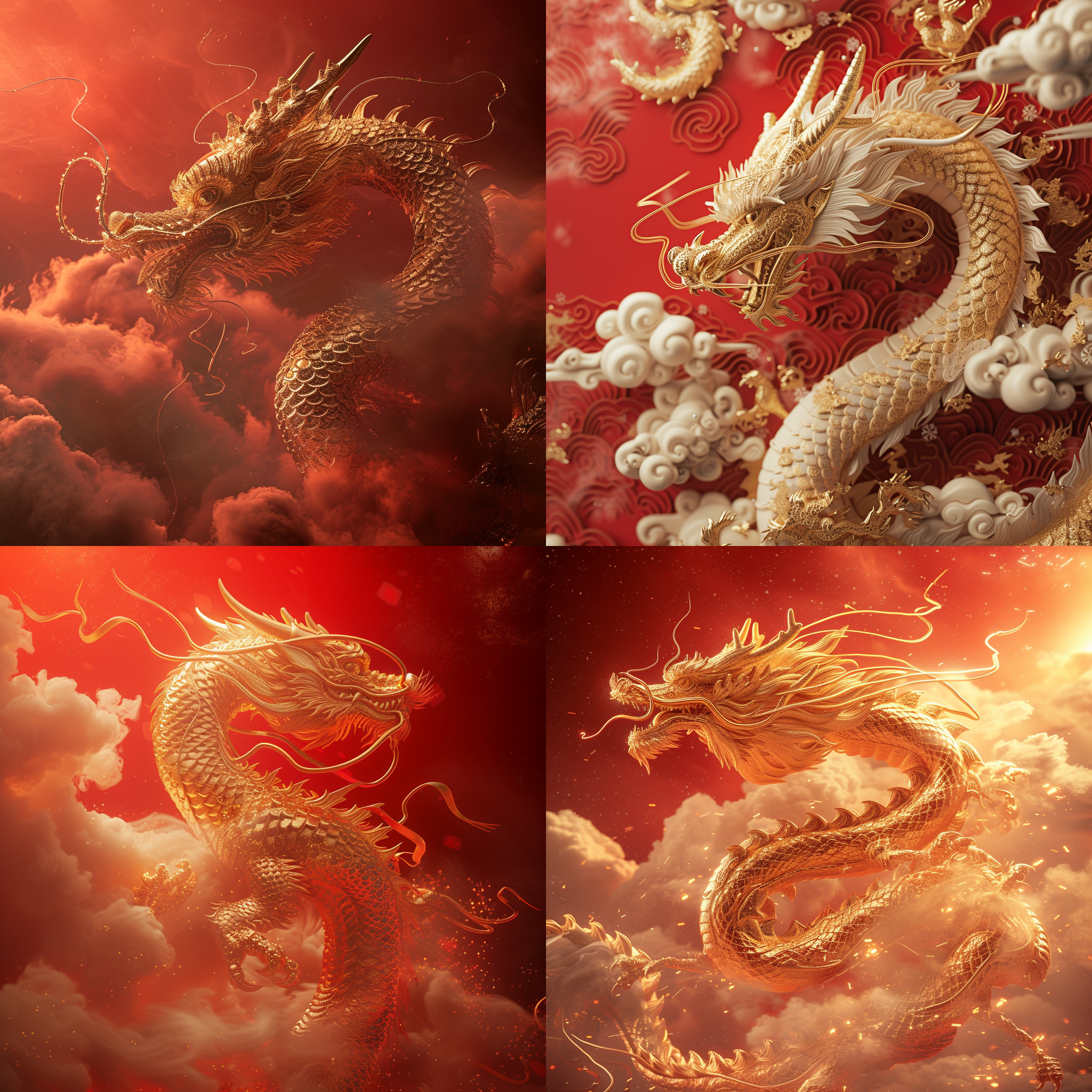 prompt. 立体浮雕龙，红色背景，金色光芒，云雾细节，超现实美感，新年氛围，科技美感，视觉效果，龙气势，腾云驾雾，鳞片闪烁，黄金打造，海报设计，插画，大师级。