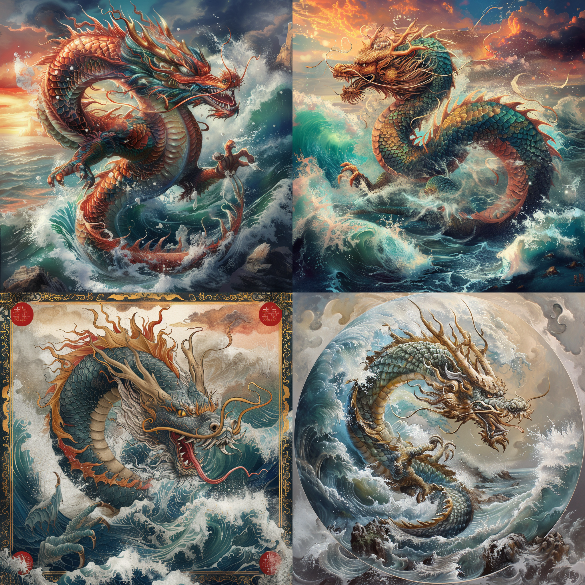 prompt. 中国龙，大海，写实风格，平视视角，细节丰富，明亮色调，宏伟壮观，自然光线，海浪涌动，传统元素，和谐平衡。