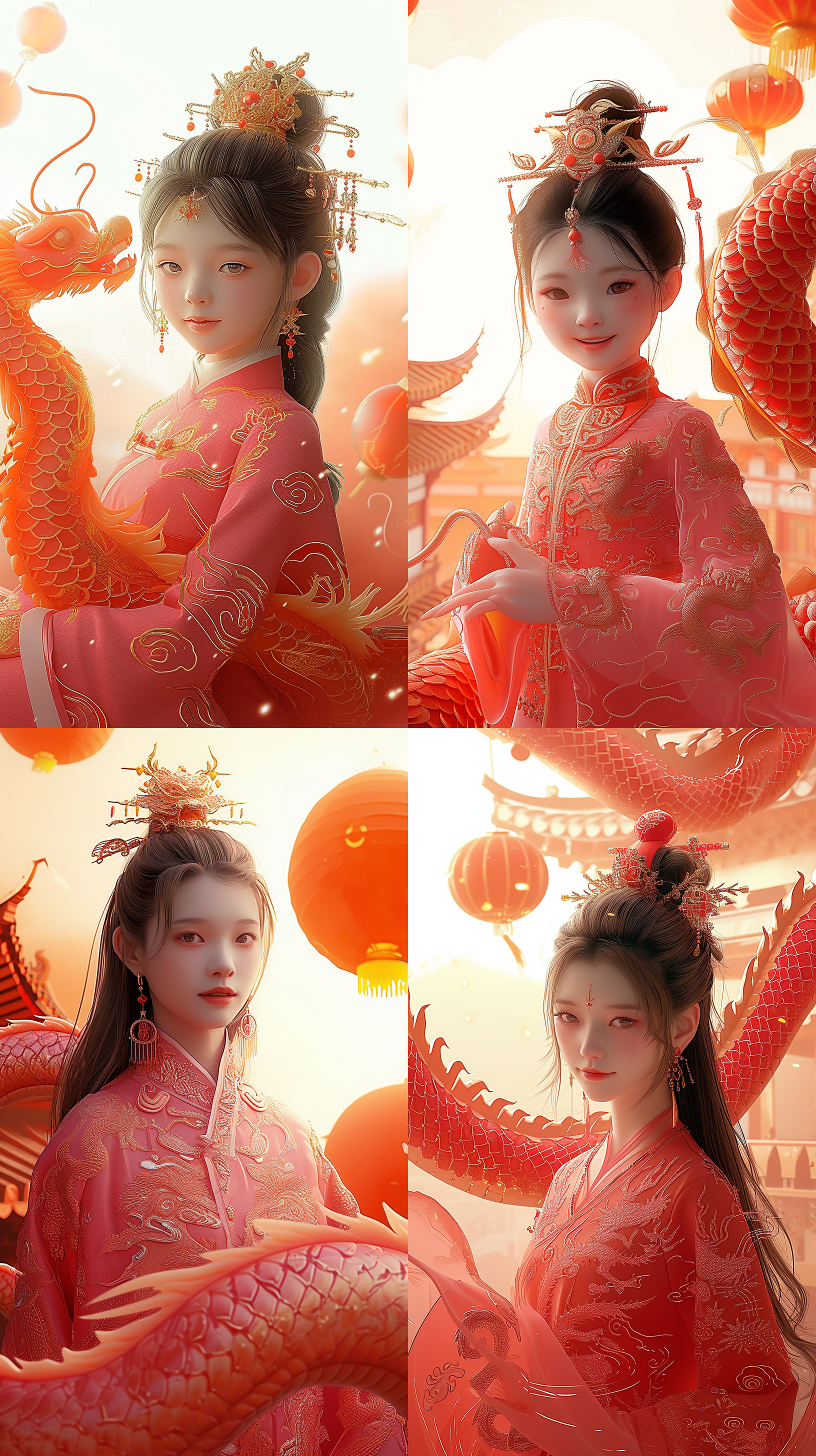 国风少女，超清晰，摄影写真风格。超清渲染，可爱龙猫，温馨场景，卡通风格，红色装饰，明亮色调，虚拟环境，逗趣表情，温暖光线，喜庆氛围，橙色橙色，喜悦。
