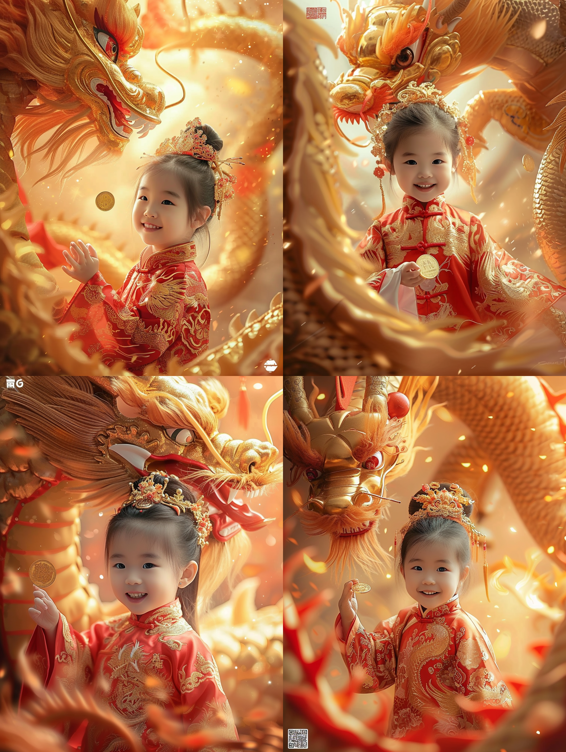 中国新年人物海报，可爱的中国女孩穿着华丽的汉服，6岁，抓住从天空中掉下来的金币，一个巨大的黄金龙在女孩周围跳舞。3:4长宽比，v6风格，热闹喜庆氛围，明亮色彩，细节丰富，柔和光线，动感十足，喜悦、繁荣。