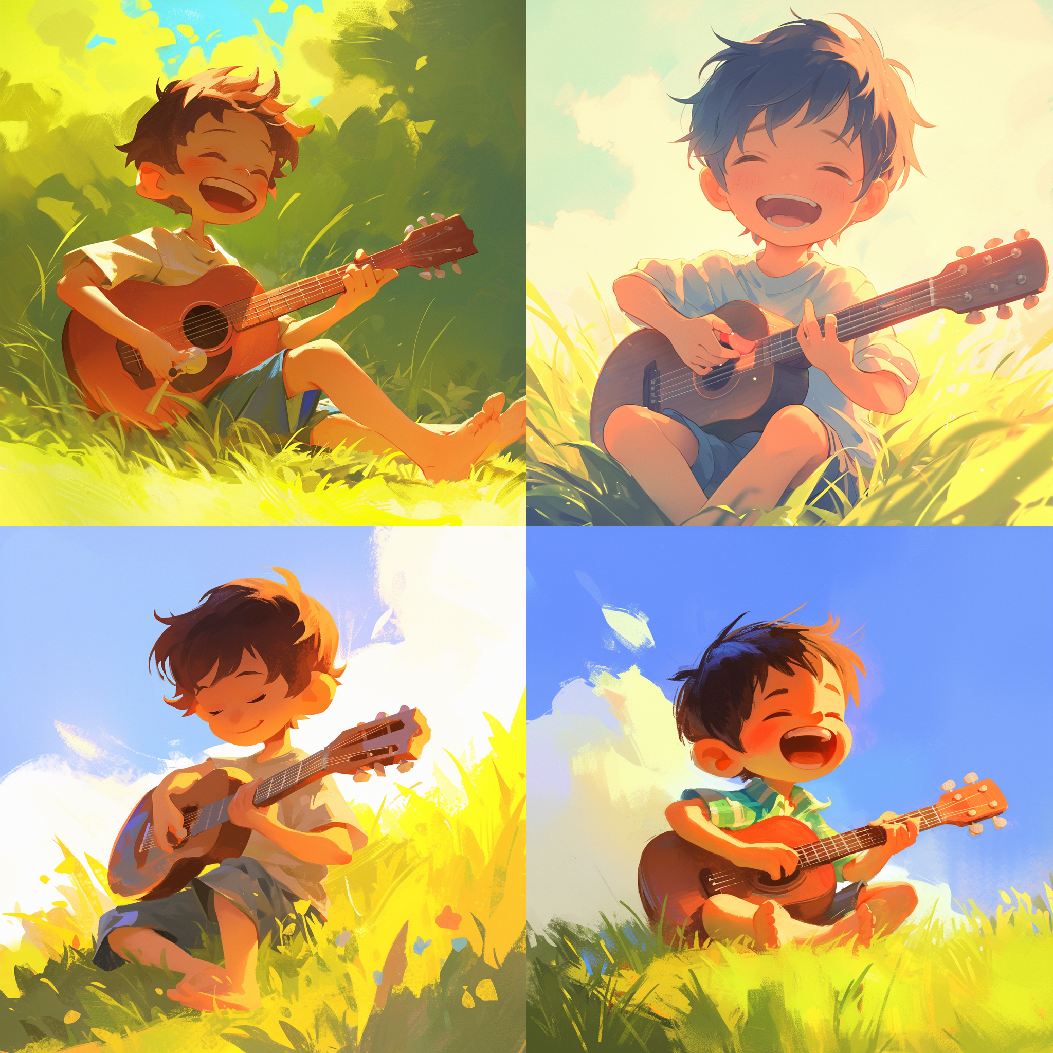 prompt. 卡通小男孩弹吉他，草地背景，明亮色彩，快门速度适中，侧光打在脸上，欢快动作，童趣，温暖情感。